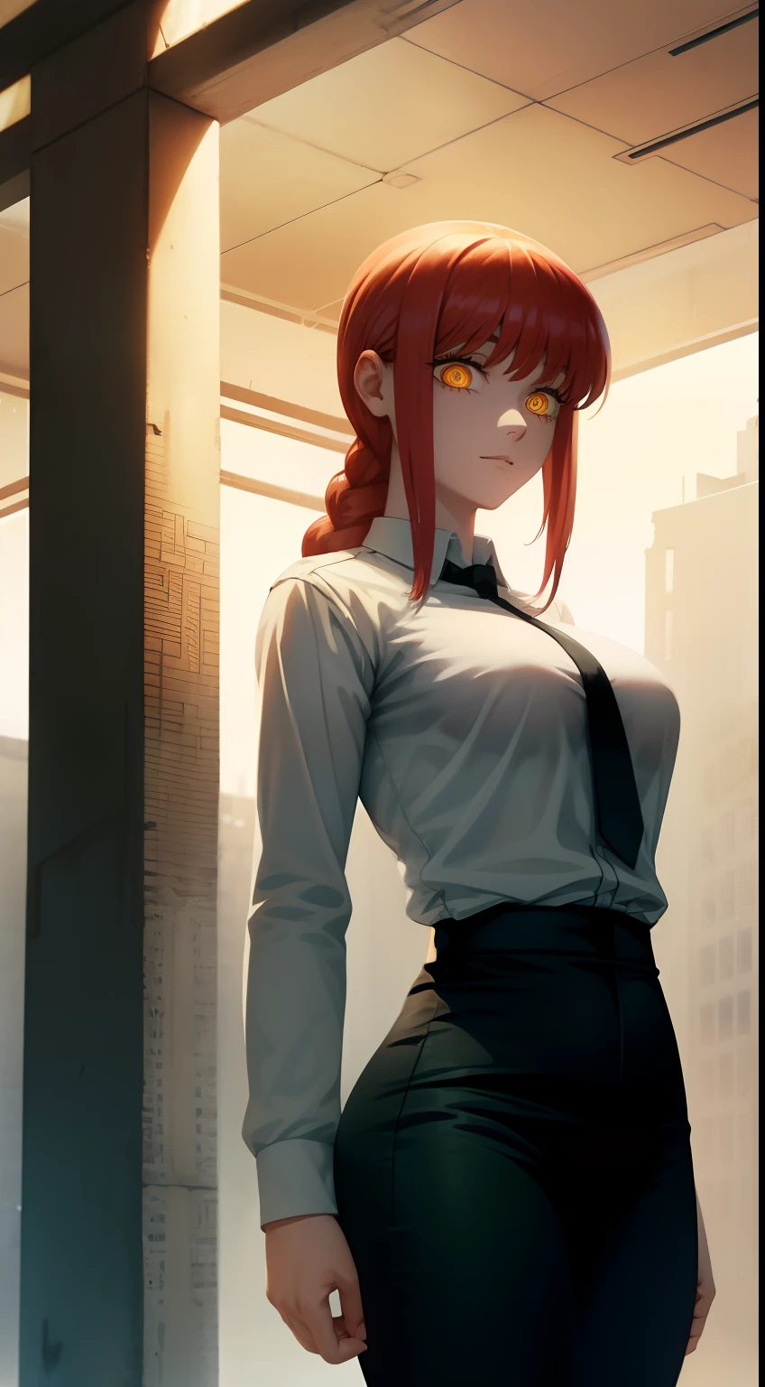 naked body, A ruined building, white shirt, black tight pants, sexy body, teats, bare buttocks, beautiful breasts, bare buttocks, waist, tmasterpiece, beste-Qualit, portraite of a, a 1girl,makima \(chainsaw man\), 独奏, standingn, redhead hair, hairlong, braided, (bright glowing eyes: 1.4), (golden eyes: 1.3), dilated pupils, quiff, Average Breasts, white shirt, tie, opinion, ssmile, looking a viewer, (interview:1.3), hight resolution, (facial focus:1.4), (gaze at the viewer:1.15), (black backdrop,)