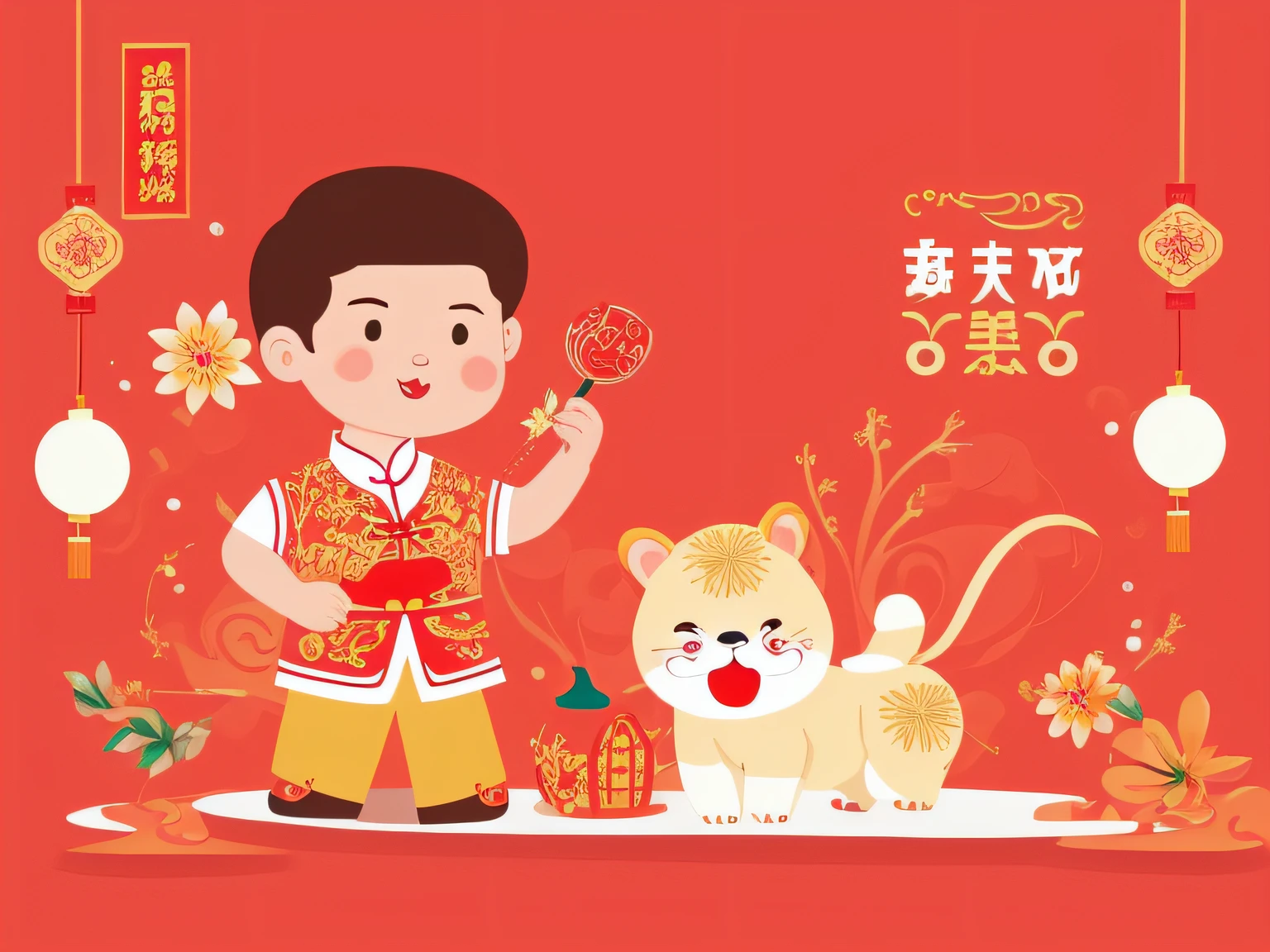 chinese new year wallpaper for instagram, in the style of charming character illustrations, light red and beige, lit kid, referential painting, cranberrycore, raw character, white background
