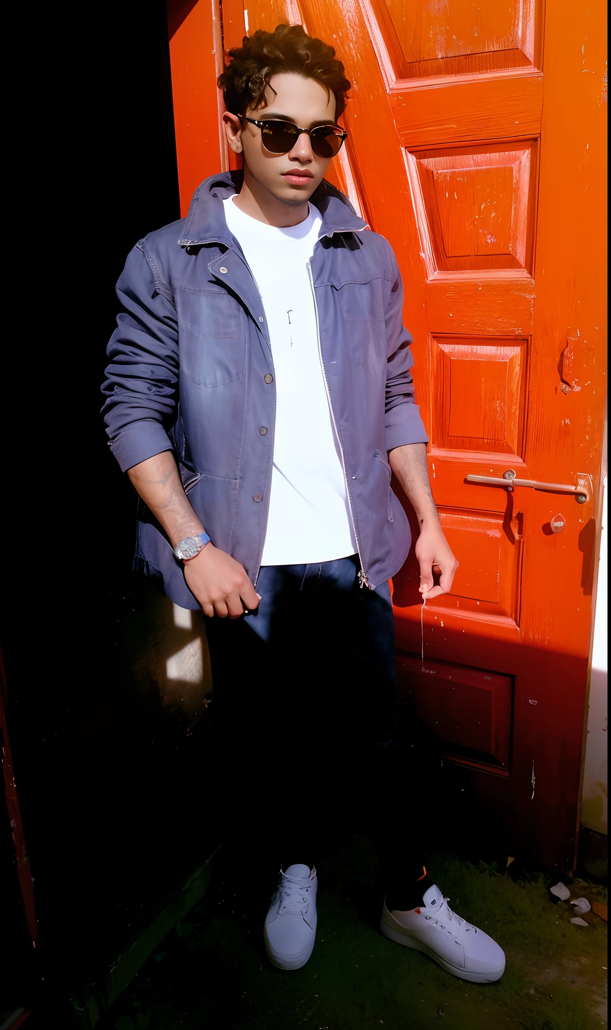 there is a man standing in front of a red door, full body photogenic shot, very very low quality picture, with a cool pose, profile image, riyahd cassiem, photo taken in 2 0 2 0, photo shoot, full body shot!!, profile shot, around 1 9 , !! low contrast!!, casual photography