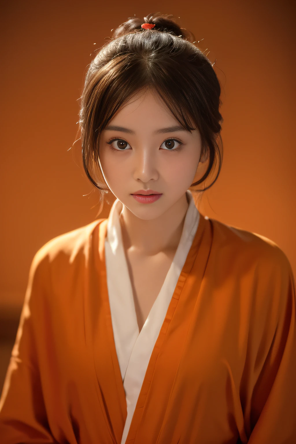 ((Best quality, 8K, Masterpiece :1.3)), Sharp focus :1.2, in a monk's robe,Light orange and dark brown tones,original style,high saturated,solid color backdrop,frontage,Look to the lens