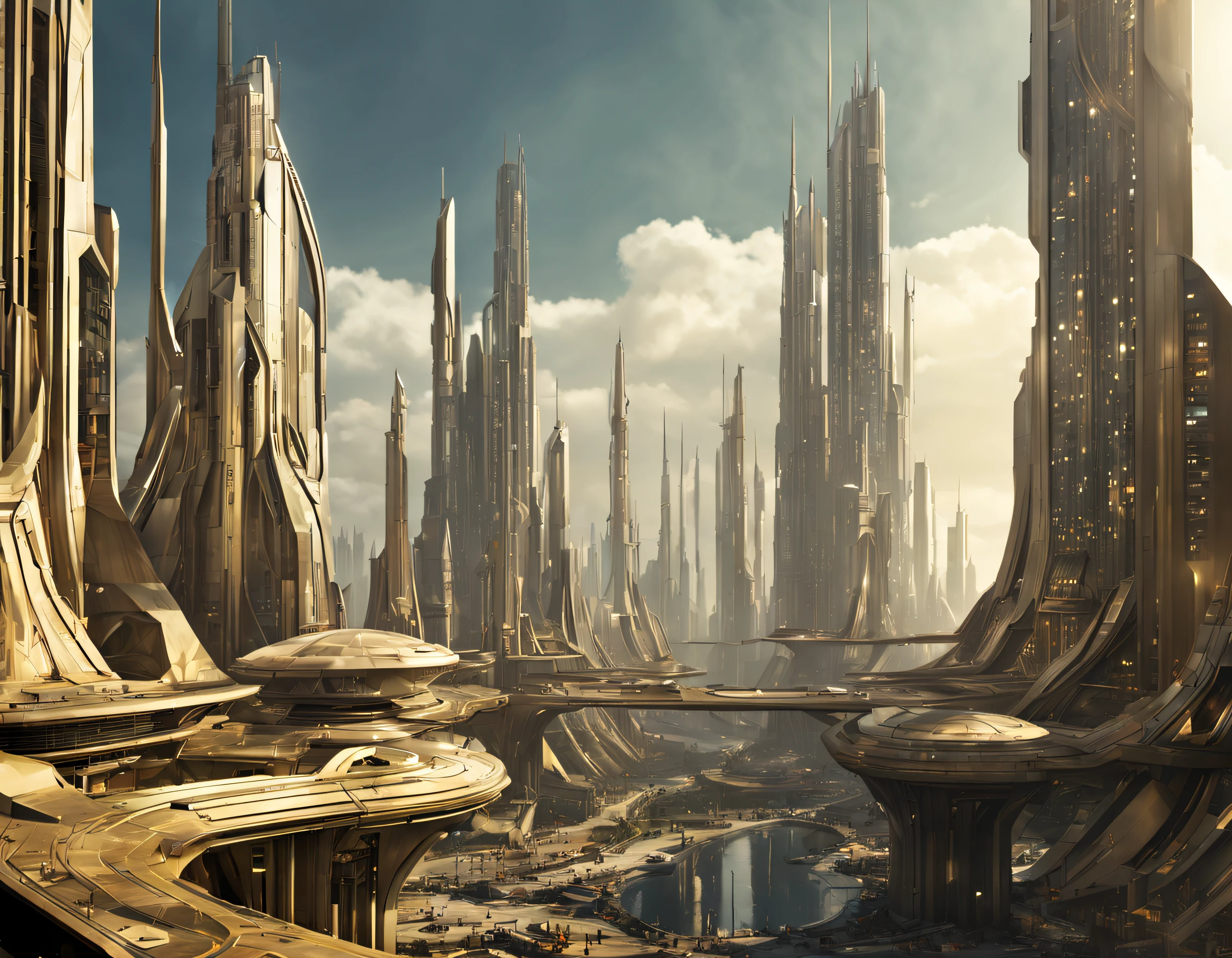 On an unknown planet lies a futuristic fantasy city with immense buildings of technological design (que forman una avenida infinita), con estructuras acristaladas en plata, oro y bronce espectaculares, (con colores vivos). pavimento ensolado (sin brillo). gente paseando. (similar a coruscant de star wars). imagen bien definida con muchos edificios juntos. imagen nitida bien definida 8k. los edificios llegan alta el fondo.,8k.