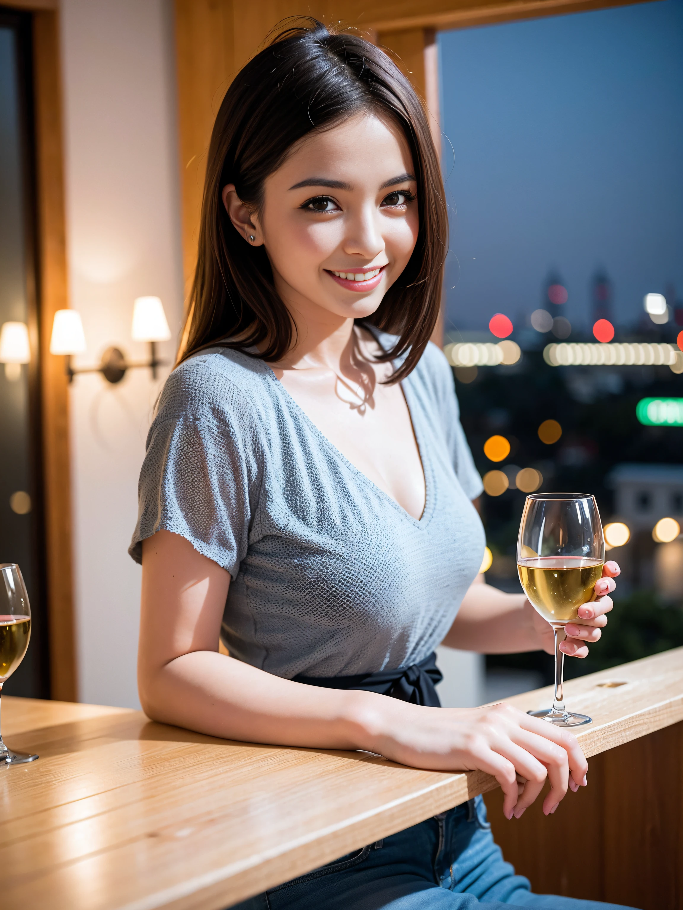 A very cute face like a 15-year-old idol Smiling Kindly naked Whole body Medium size bust Enjoy a toast on a stylish balcony with a beautiful night view RAW Photos Genuine Real