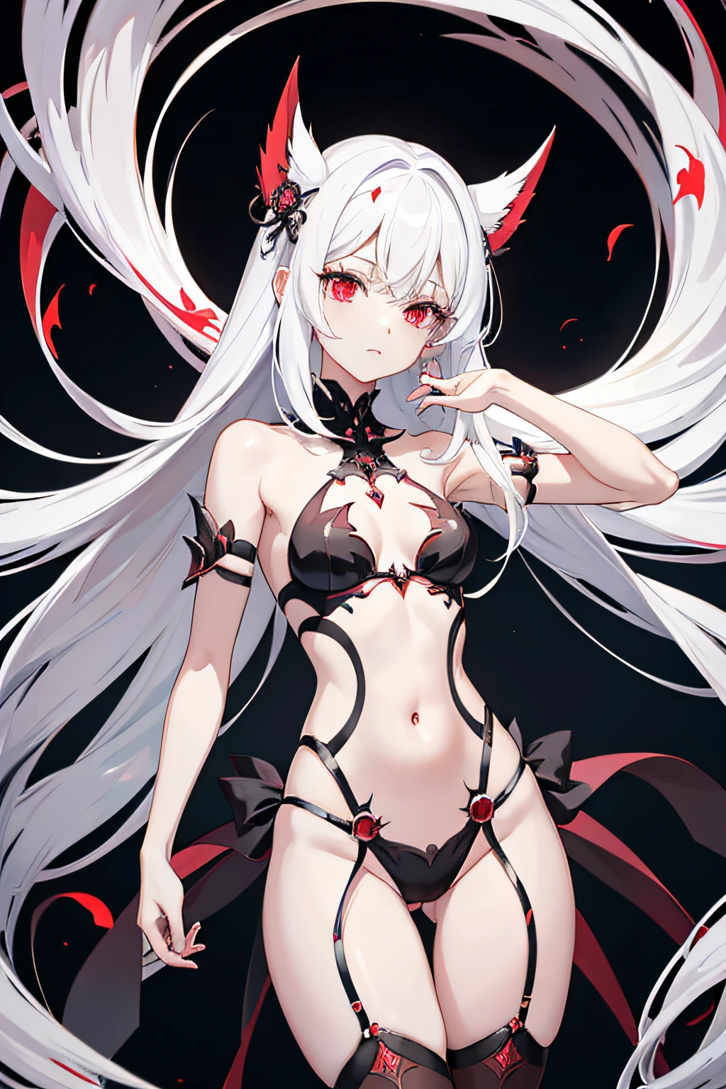 anime girl with white hair and red eyes with arms outstretched, an anime drawing inspired by Rei Kamoi, tumblr, gothic art, insanity girl summon her death, gapmoe yandere grimdark, with red glowing eyes, girl with white hair, white haired deity, scary queen of death, 1 8 - year - old anime goth girl, flat chest, skinny body, small breasts