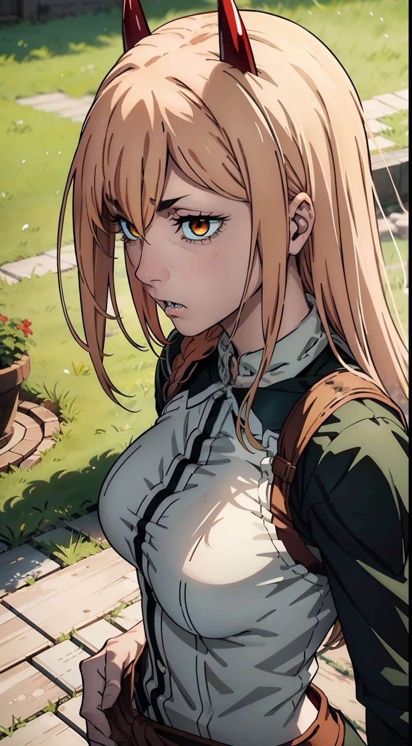 laughting, grass, lawn, is looking at the camera, can be seen in full growth, (Body Full 1:1), The camera looks down on her, Picture from above, Beautiful waist, nice feet, ultra sharp image, Beautiful figure, Beautiful little breasts, sharp teeth, ultra detail face, Ultra Transparent, Chainsaw Man Energy, Two red sharp horns on the head, ultra sharp image, Ultra Beautiful, little chest. hairlong, blonde woman, Beautiful figure, taut clothes, yellow glowing eyes, Red crosses and circles instead of pupils, handsome body, sexy clothes, Beautiful eyes, very detailed eyes, Very detailed face, handsome body, Cherecter Desing, Very detailed, Detailed body, Detailed hands, Detailed, Vibrants, Detailed Face, sharp-focus, WLOP, artgerm, anime art, Vibrants, Detailed Face, Hugh Details, sharp-focus, Very drooping face, A detailed eye, super fine illustration, better shadow, finely detail, Beautiful detail