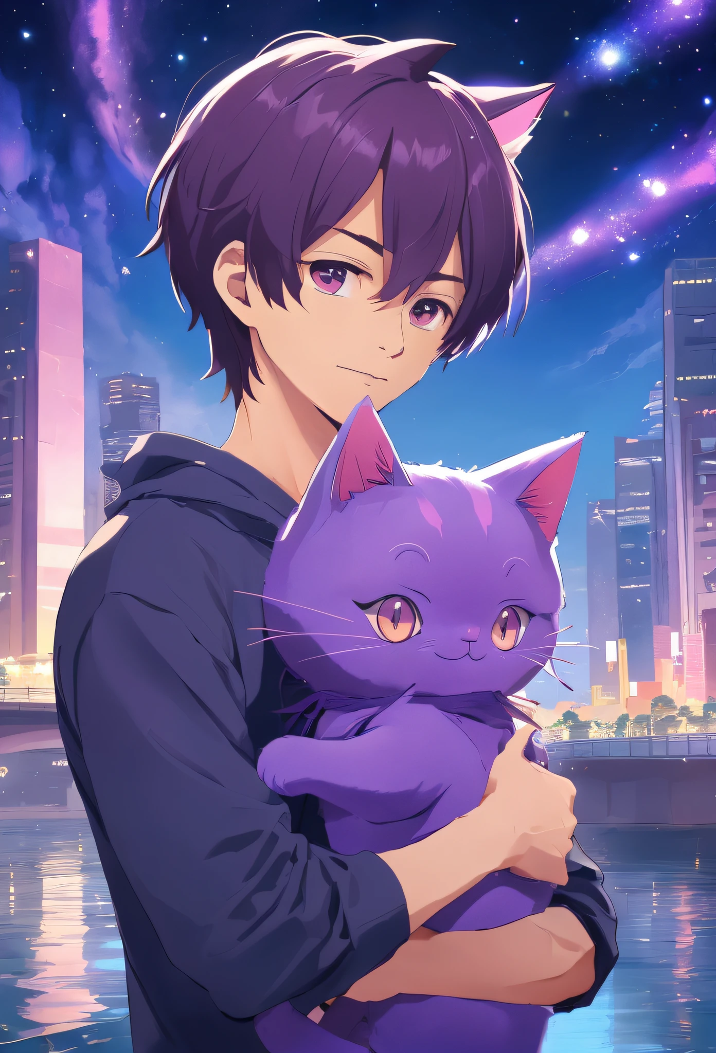 1 Man holding a purple cat-headed doll，Cats don't have bodies，Boy with purple cat ears，Masks，In the background is a bright river of stars, Wearing a black T-shirt