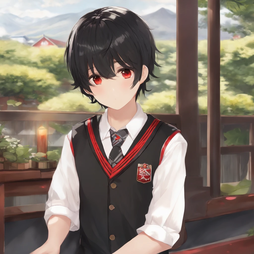 masterpiece,high quality,1 boy,black hair,red eyes school uniform Japanese