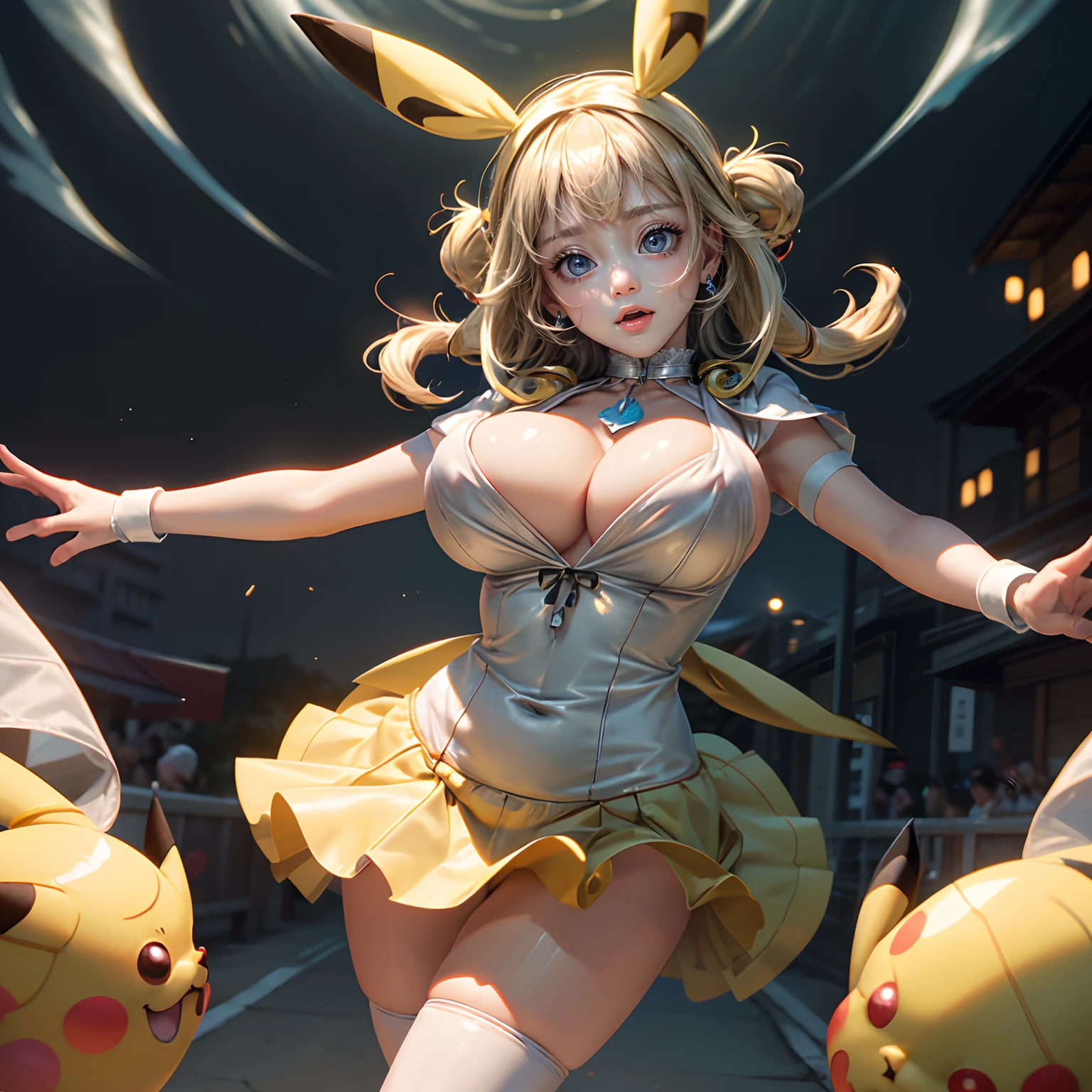 ((SFW:1.3)), ((NSFW_STILL_SHOW))、Tiny Oppai-、Pikachu doll, ( Pikachu Cosplay、Pikachu hood)、Floating hair、((Masterpiece:1.25, Photorealsitic:1.37))、8K Bestquality、((Detailed KAWAII Face))、Bright Shining Perfect eyes、{(Childish:1.2)|( no underwear but Nipples are hidden)|(Gigantic Cleavage:1.37)}、(Detailed glistening ivory skin)、extremely detailed、{(Pikachu hood)|Flowers}、Smooth shading、Soft Lighting with many Follow lights、clear focused、bokeH、Crowded city background、Vivid colors, {(shouting)| Trick or treat|mischievous smile}, Overflowing、Biomechanical HUGE and HEAVY boob, { grabbing chests|Detailed correct peace sign| face focus},