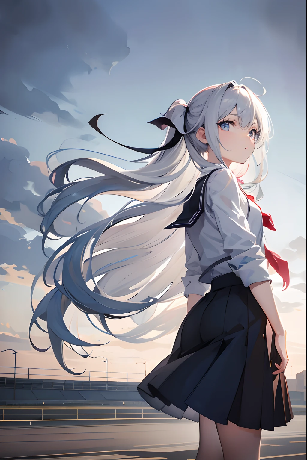 school outfit, walking pose, outside the track and field, looking at the track and field, silver hair, colored inner hair, gradient hair, bangs, hair behind ear, long hair, shiny hair, hair ribbon, eye reflection, wide eyes, brown eyes, expressionless, anime style, modern, cinematic lighting, silhouette, backlighting, masterpiece, best quality
