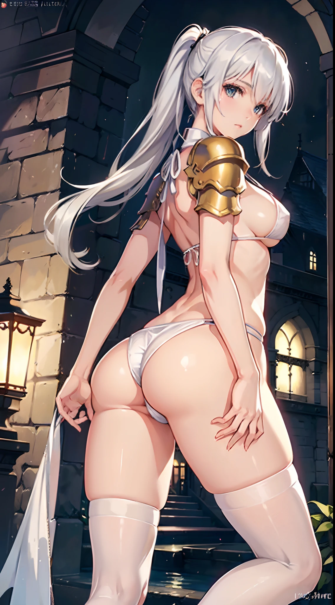 (slanted eye),(Best Quality, 4K, 8K, hight resolution, masutepiece:1.2), Ultra-detailed, (Realistic, Photorealistic, Photorealsitic:1.37), Mature Woman, Adult Woman, notre dame, Dark fantasy landscape,masutepiece, Highest Quality, Ultra-fine,max resolution, Extremely detailed, ((Woman knight, Clean Armor,White bikini armor)),shining beautiful skin,Huge breasts, Big ass,Seductive thighs,from behind,poneyTail,((high legs,Ass,thong)),overknee socks