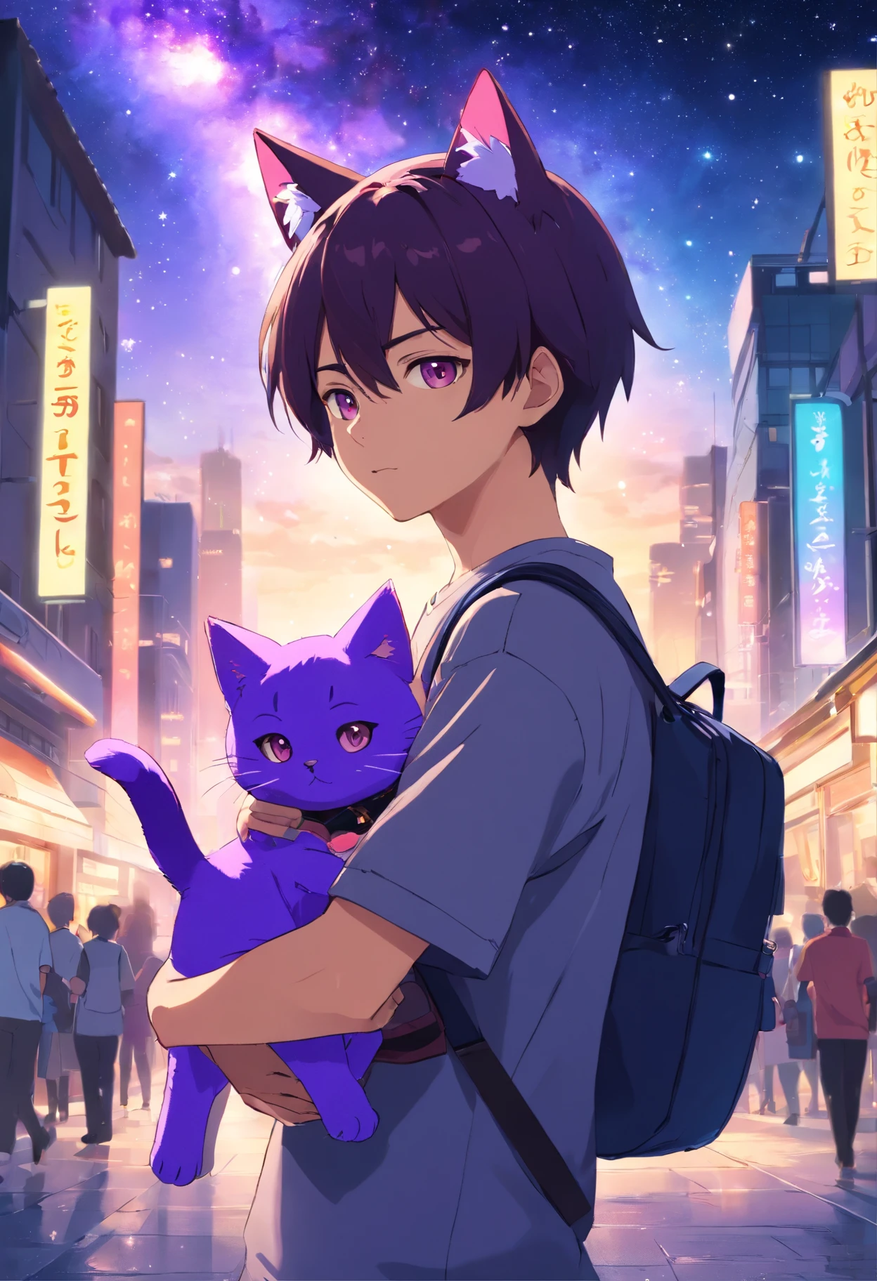 1 Man holding a purple cat head and bodyless doll,Boy with purple cat ears,masks,The background is a river of bright stars, wearing a black t-shirt,carrying a black school bag,The eyes are full of pity