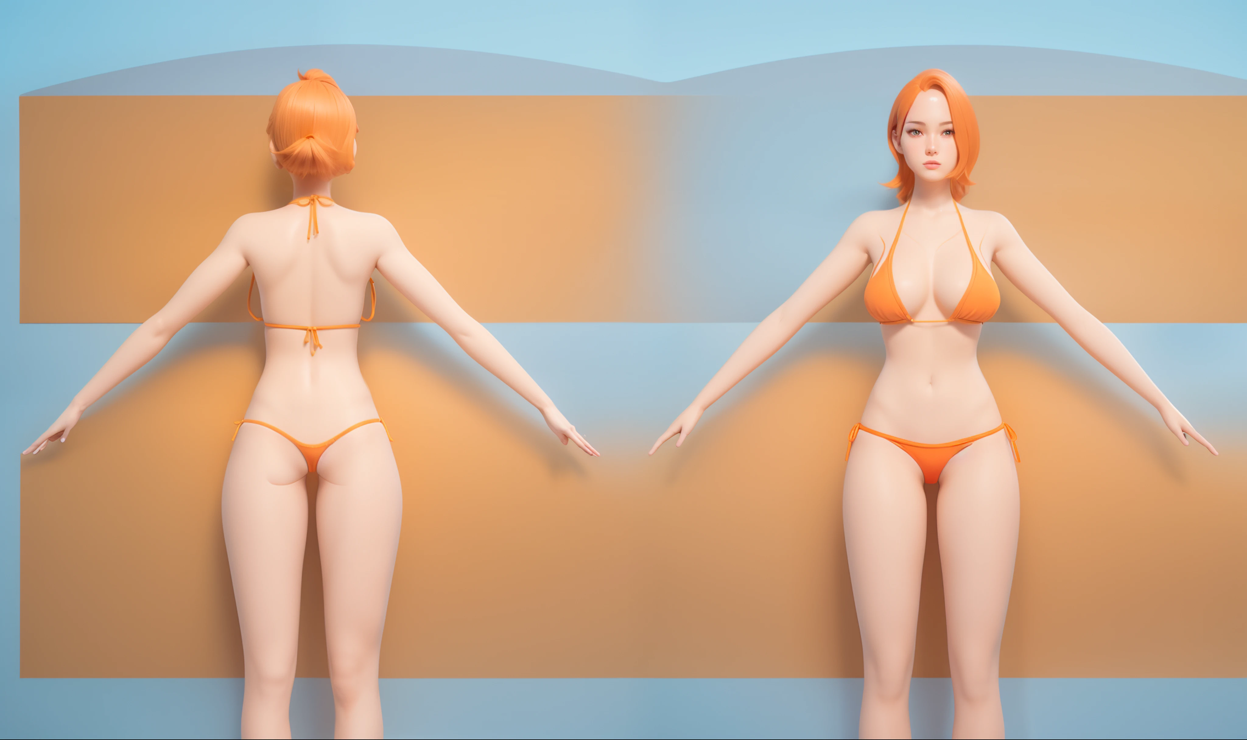 (Masterpiece, best quality: 1.2), (Super detailed), (Illustration), detailed face, a close up of a woman in a orange bikini, oppai proportions, whole body highly detailed, complete detailed body, realistically proportioned body, anime proportions, extra detailed body, realistic body proportions, realistic shaded perfect body, highly detailed body, realistic proportions sfw, detailed body, character sheet, character model sheet turnaround , fullbody shot turnaround, reference model sheet, full character body, 3 d character reference sheet, anime vtuber full body model, high quality model sheet, full body details, character design sheet, detailed full body concept, detail face, front and back, orange bikini, blue hair, tight bikini, G-string panties, Micro Lingerie Panty, G-string, g-string