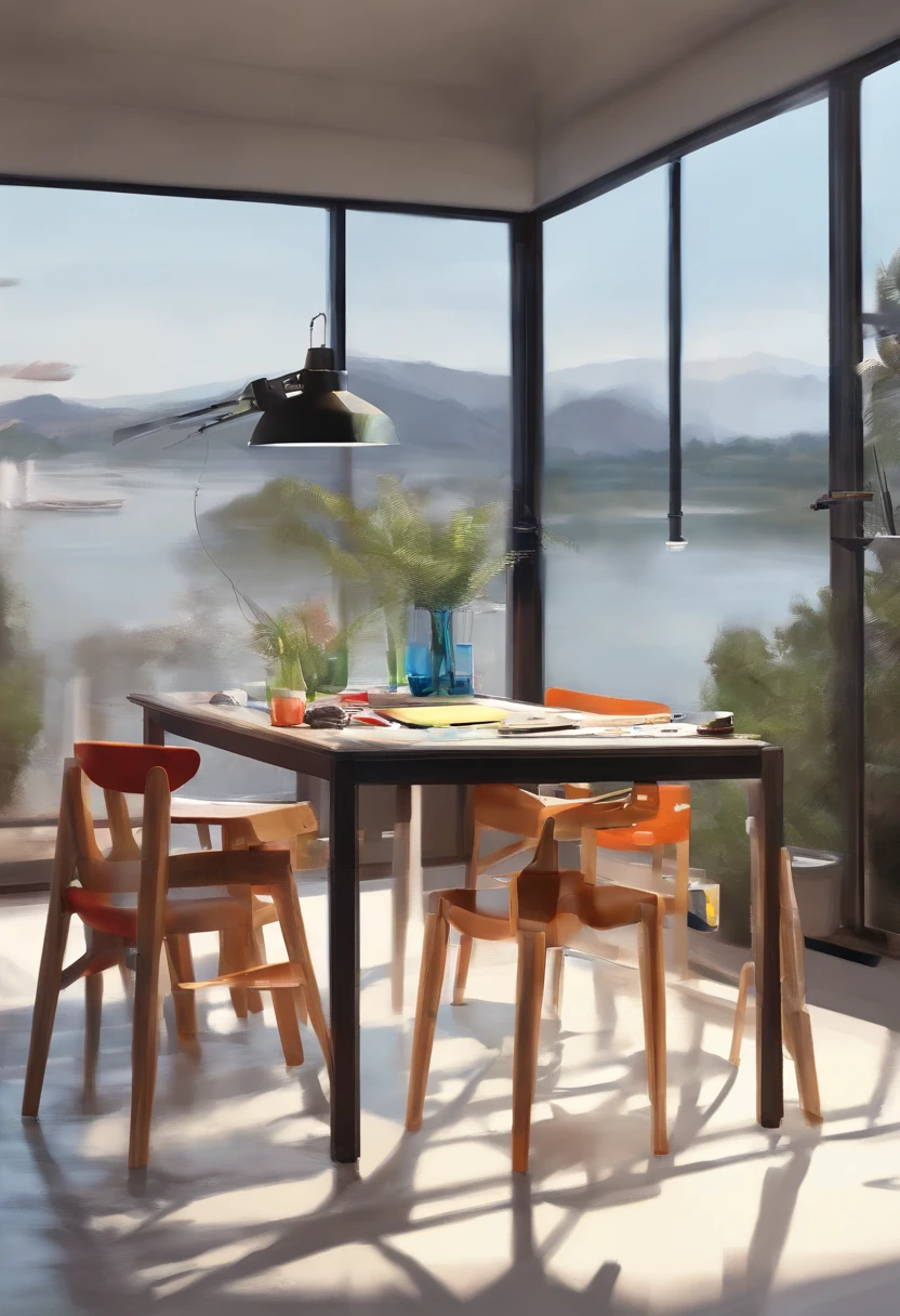 There is a camera on the table，big breasts and big breasts（（（Model aircraft））），VR glasses on the table，Room design drawings，There's a lot of paint on it, Detailed painting 4 K, Realistic digital painting, overdetailed art. Digital SLR, high quality digital painting, Realistic camera shooting, photorealism style, in style of photorealism artist, Detailed digital painting, hyperrealism concept art, professional digital painting, photographyrealism, super realistic painting style，There is also an airplane on the table，Measurement tools，On the stool sat a boy wearing VR glasses，Bright colors，Be positive