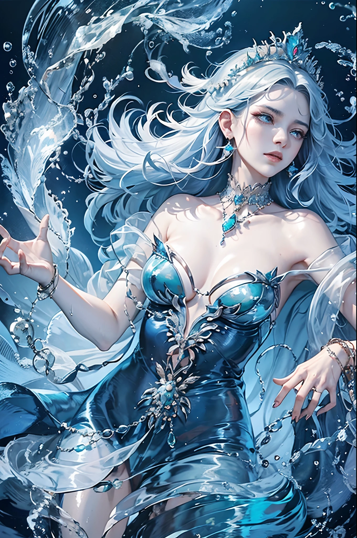 A regal Ocean Goddess with an East Asian visage, her eyes mirroring the expansive sea. She possesses the power to manipulate water at her will. She dons a shimmering teal gown inlaid with pearls and sapphires. A coral-gold crown, adorned with pearls and sapphires, graces her brow. She wields a mother-of-pearl scepter topped with a pulsating opal. Streams of water dance around her in a testament to her dominion over the oceans. Her aura is both tranquil and mighty. This 8K fantasy-realism artwork captures her, occupying half the frame, against an ethereal marine backdrop.