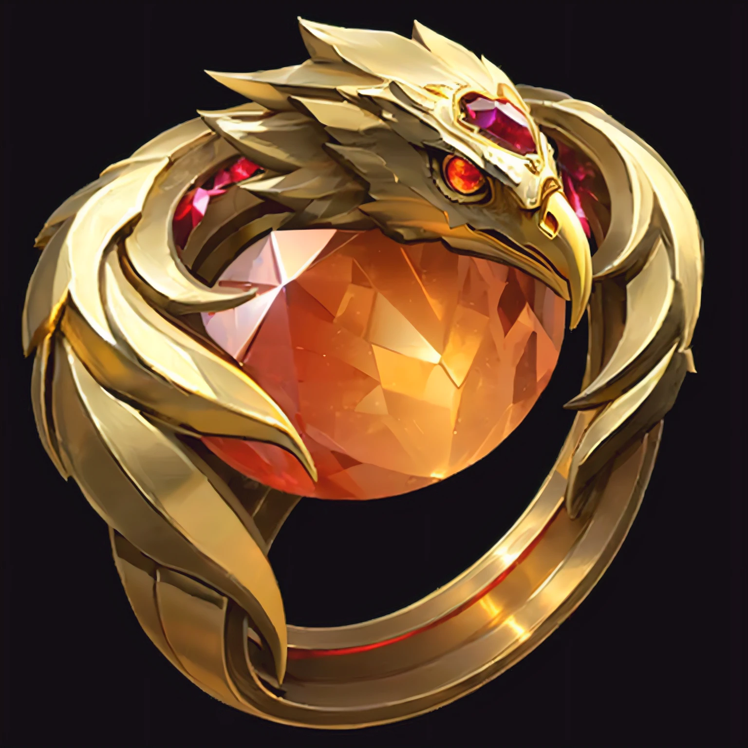 Close-up of the ring,Eagle head made of pure gold metal,It has a metal block structure that is minimalist and minimalist,This is a simple and pure gold metal head,The eagle's head has a delicate red faceted ruby,The eagle's wings are wrapped around the orange-yellow crystal stone in front of it,Sparkling with the brilliance of gemstones,Close up of red gemstone eyes,Gold metal icon,Metal statue,sharp、smooth、Concise close-up of metal head structure,Well-designed head,3D icon for round mobile game,game icon asset,game icon stylized,Silver metal reflection,(Extremely detailed CG unity 8k wallpaper),The most beautiful artistic photo in the world,Clear boundaries and focus,There is a bird on it, Ancient rings, Golden aristocracy, Sunpunk Phoenix, A godsend, Kenku, elden ring style, Gold and precious stones, Precious stones and gold, Black Agave Eagle Warlord, Realistic golden wings