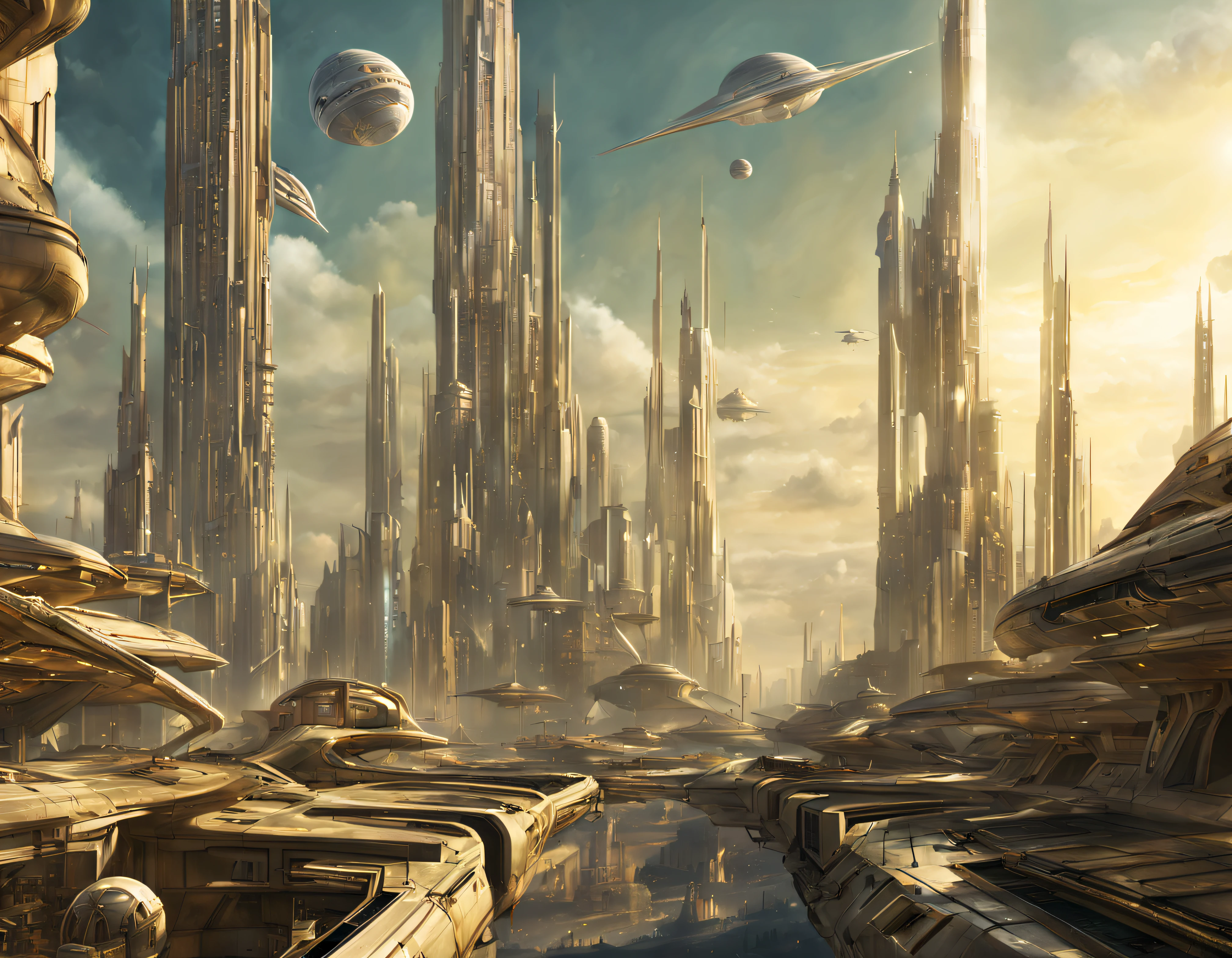 On an unknown planet lies a futuristic fantasy city with immense buildings of technological design (que forman una avenida infinita), con estructuras acristaladas en plata, oro y bronce espectaculares, (con colores vivos). pavimento ensolado (sin brillo). gente paseando. (similar a coruscant de star wars). imagen bien definida con muchos edificios juntos. imagen nitida bien definida 8k. los edificios llegan alta el fondo.,8k.