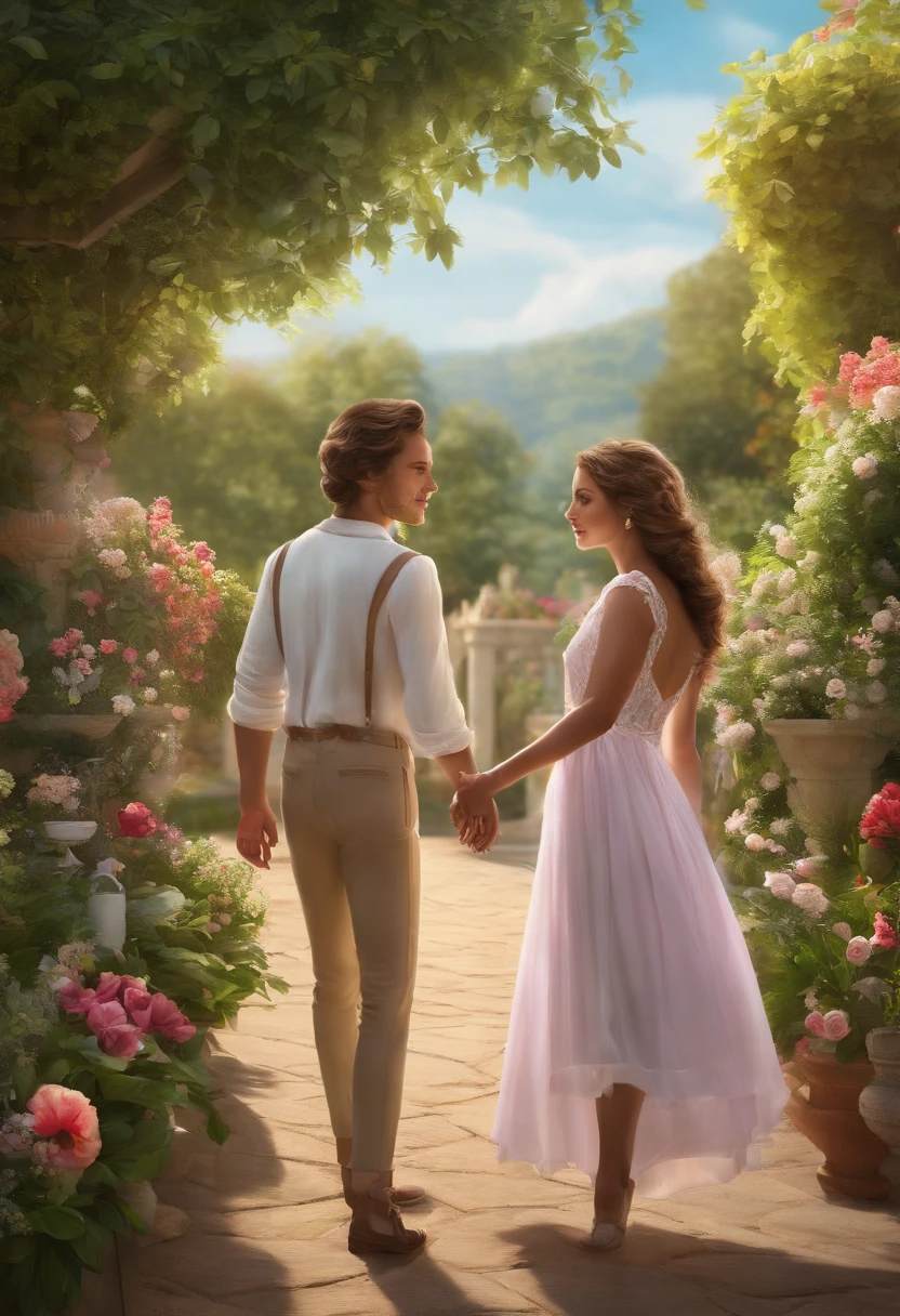 (highres, detailed, realistic) a boy (larka) and a girl (larki), standing close to each other in a beautiful garden. The boy has (extremely detailed, expressive) eyes with long eyelashes and his face shows determination. The girl has captivating, (detailed) eyes and (beautiful, full) lips. They are both dressed in (modern, trendy) outfits, complementing each other's style. The garden is filled with vibrant flowers and lush greenery, creating a (colorful, lively) atmosphere.

The artwork is created using a combination of (high-quality illustrations, photorealistic techniques) with (ultra-fine painting, professional attention to detail). The lighting emphasizes natural sunlight, casting (soft shadows and highlights) on the characters and surroundings. The colors are vivid and (saturated, harmonious), enhancing the overall visual impact.

The scene exudes a romantic ambiance, with a gentle breeze moving their hair and the girl's dress. Their (joyful, excited) expressions indicate a strong connection between them. The perspective captures a (close-up, intimate) view, allowing the audience to feel the emotions conveyed by the characters.

In the background, there are (colorful, blooming flowers) and (lush, green) trees, creating a serene environment. The garden path leads towards a (picturesque, hidden) spot, inviting the viewers to imagine their own story beyond what is depicted in the artwork.

This artwork combines elements of (portraiture, romance) to create a (captivating, heartwarming) moment between two individuals. The use of (professional, detailed) techniques ensures a (high-quality, visually appealing) result that captures the essence of the scene.

Please note that the prompt is generated solely based on visual description and does not imply any explicit meanings or intentions.