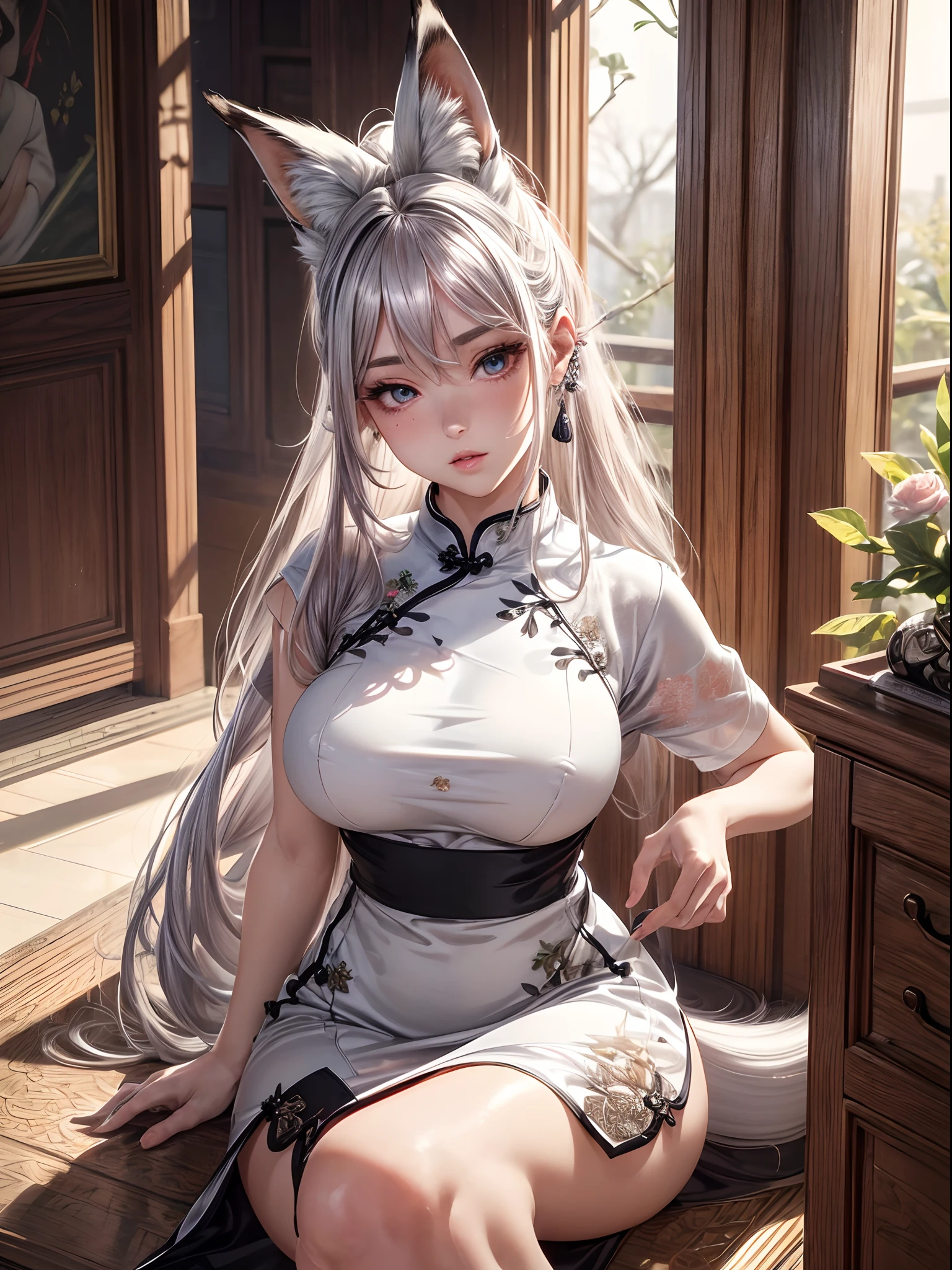 absurderes,(​masterpiece、top-quality、8K ),intricate detailes,ultra-detailliert、1 beautiful pale woman,(silber hair:1.2),((fox ear:1.3)),Long ponytail,Mega Ponytail,(qipao dress:1.3),thighs thighs thighs thighs、long eyelashes,(Beautiful and detailed eyes),Glossy lips,Sunlight,is standing、(sexy  pose:1.2),Hyper realistic,Perfect Anatomy