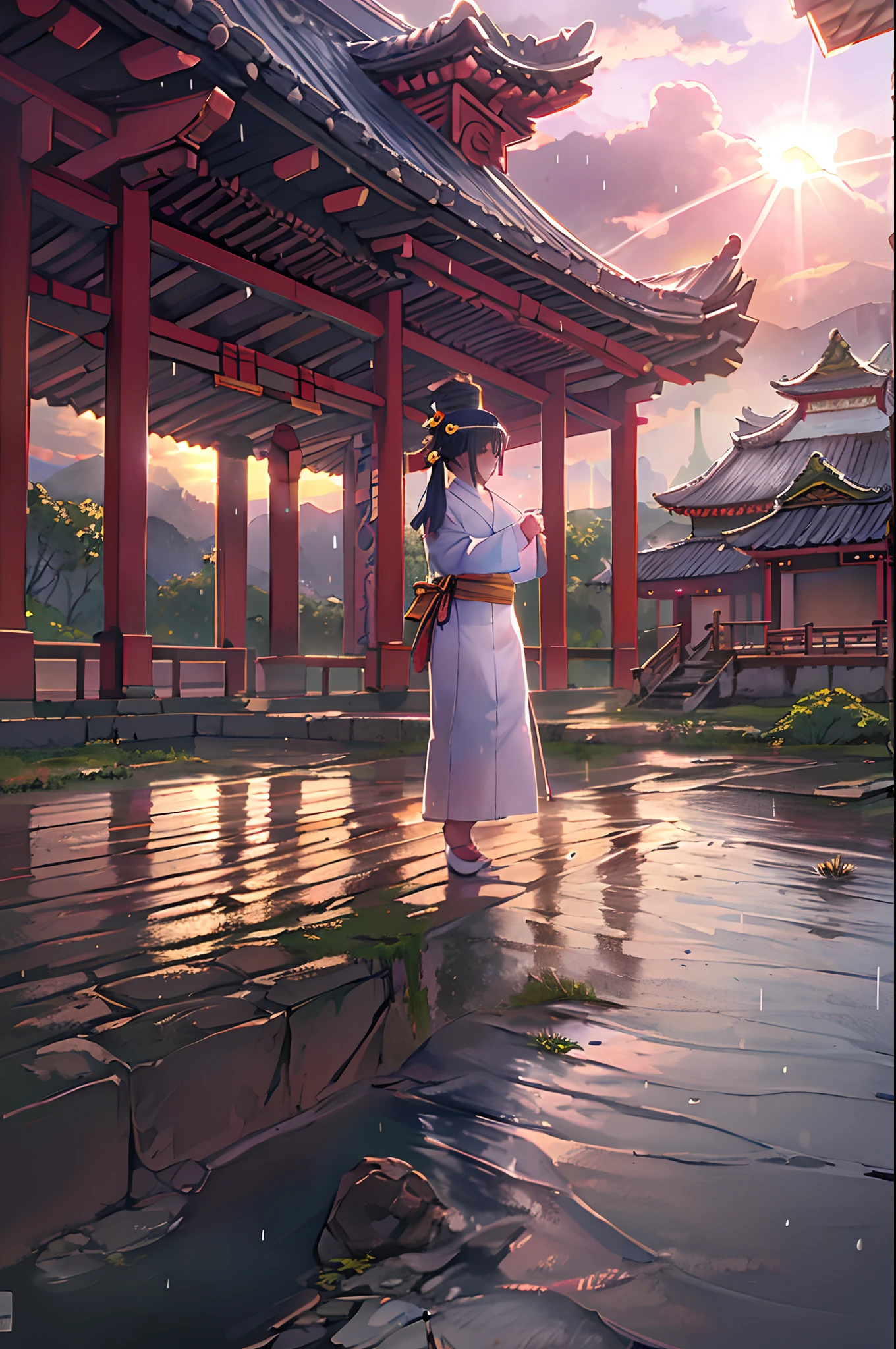 SFW, 1girl in, Solo Focus, POV, Very Wide Shot, landscape, East Asian Architecture, Sunlight, Sunrise, floating, cloud, skyporn, Rain, Water, Full body, Outdoors, Scenery, depth of fields
