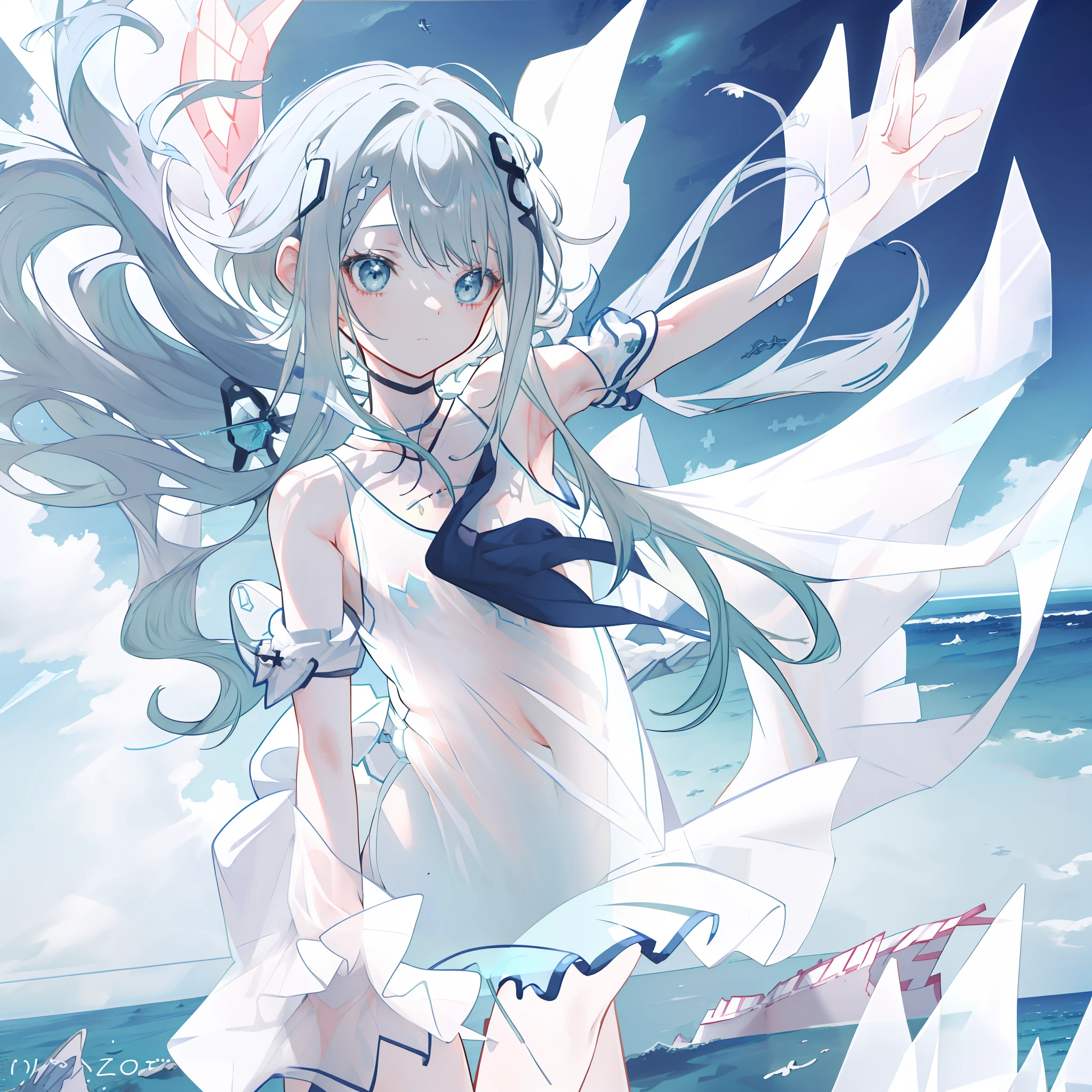 An anime girl, (((in an endless view of an (ocean:1.4)))), cinematic light, slim body with curves, skin is perfectly white, soft, (medium breasts), smooth, ((no nsfw)), Extremely delicate and beautiful CG illustration, best quality, high resolution, dynamic angle, full-length lens, (1 girl), floating, soft light, high-key lighting), glowing light, blue energy, feathers fluttering background, blue crystal, ((((wearing nothing but a white (transparent) tank top))))