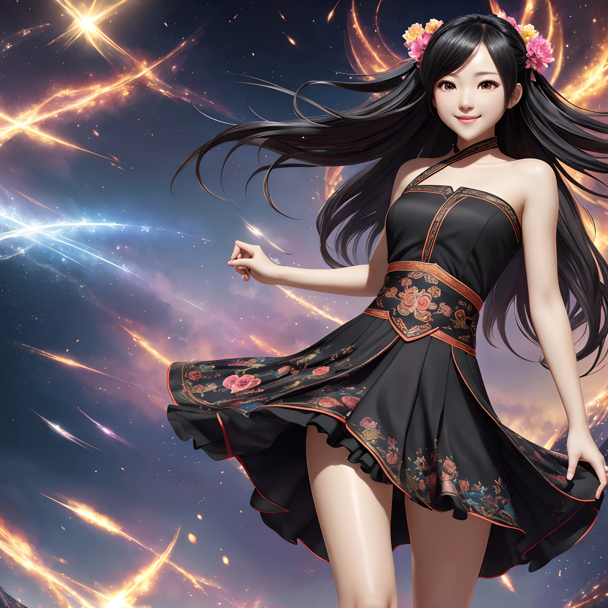Official Art, Unified 8k Wallpaper, Ultra Detailed, Beautiful and Aesthetic, Masterpiece, Best Quality, (Fractal Art: 1.4), 1Girl, Black Hair, Bare Shoulders, Short Skirt, Calves, Very Detailed, Dynamic Angle, , (Bright Colors), (Half: 1.2), (Hanfu: 1.5), (Smile: 0.5)
