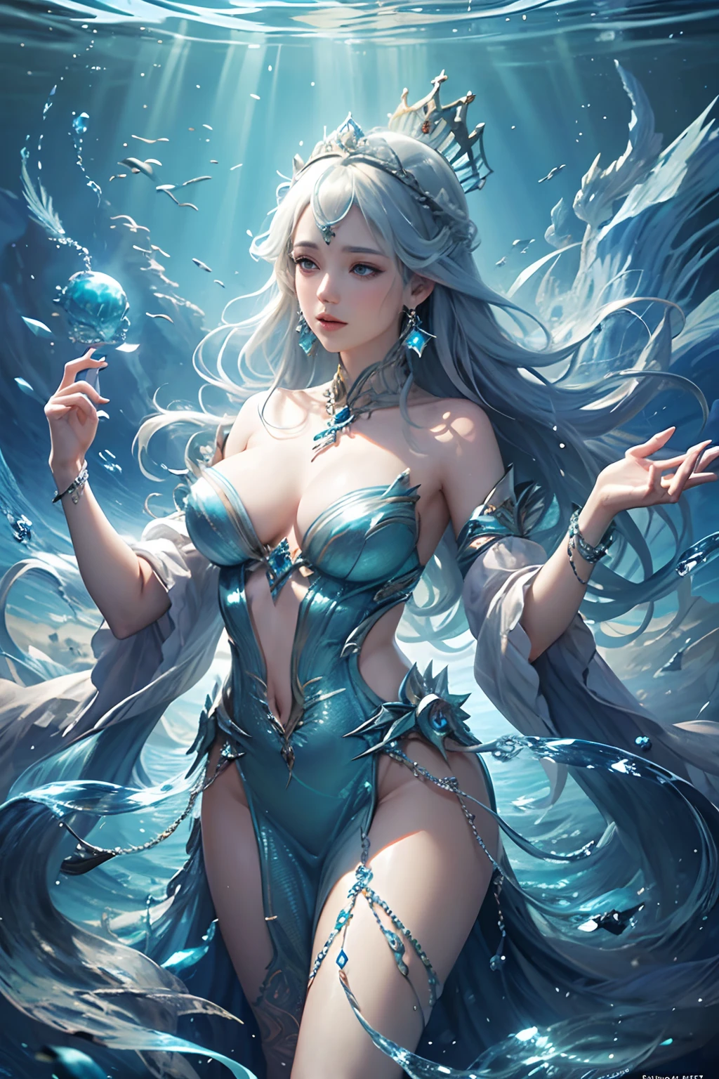 In the heart of the ocean's embrace, an ethereal empress emerges. Her delicate face, reminiscent of age-old East Asian paintings, has eyes deep as the abyss, shimmering with mysteries of the fathoms below. Gossamer aqua robes flow around her, interwoven with threads of silver and adorned with pearls, forming intricate patterns reminiscent of waves and sea creatures. In her hand, she grasps a trident studded with aquamarine and sapphire. A diadem, exquisitely encrusted with oceanic gems, crowns her head, complementing an equally majestic crown embedded with radiant gems. From her fingers, she weaves an orchestra of water, creating ripples, torrents, and cascades. This 8K artwork, blending fantasy and reality, portrays her, occupying half the frame, orchestrating the very essence of the ocean in her watery domain.