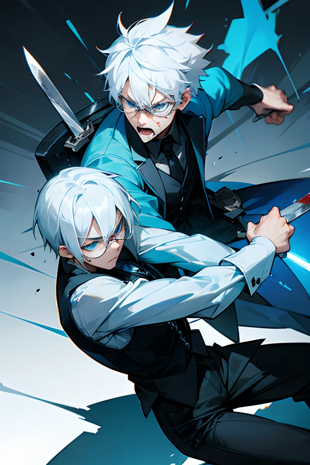 1male, white hair, blue eyes, blue palette, vest, glasses, fighting pose, knife, a lot of blood, super angry, warm lights, grumpy