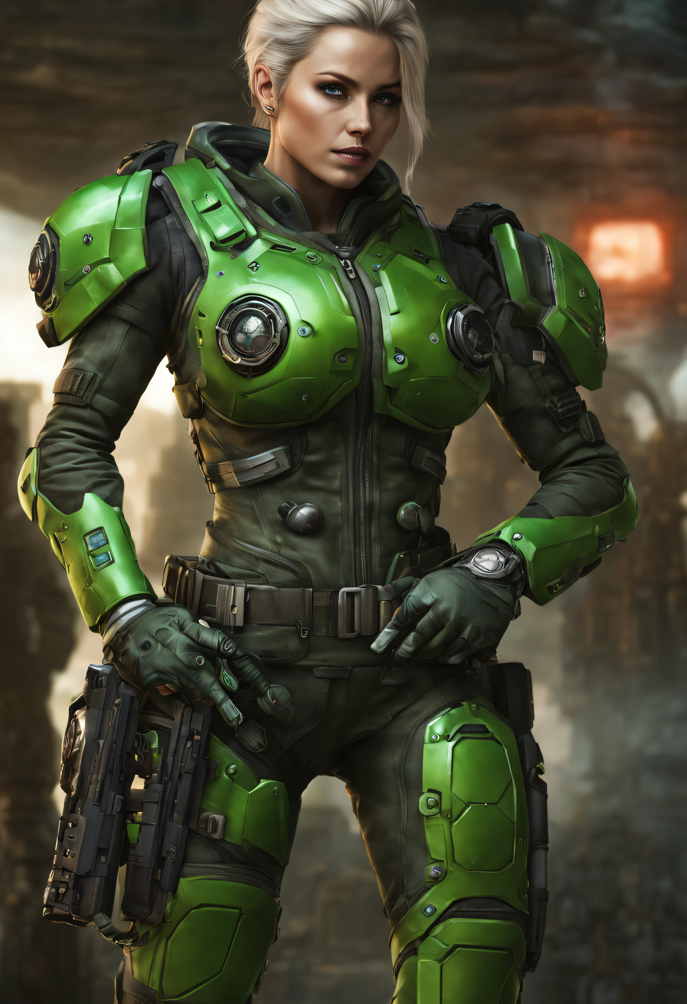 cuerpo entero,hembra con cara rara de alienigena extraterrestre pero bellisima, con ojos supergrandes en relacion con su cara, con iris de color verde,con el uniforme militar sexy de gears of war,(se encuentra en centro de control de estacion espacial).8k.