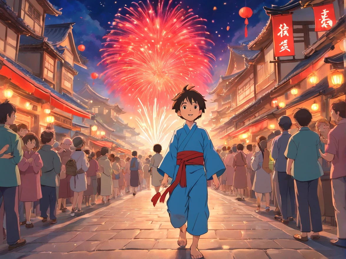 The crowd cheered for the boy，Applause surged like an ocean。They were impressed by the boy's courage and ingenuity，They came up to congratulate him on his success。No longer a  boy，He became a hero to the entire village。（Young red Zhuang costume boy（Positive perspective，rejoice），Stand in the middle of the crowd，Grab the fireworks with your right hand held high。）