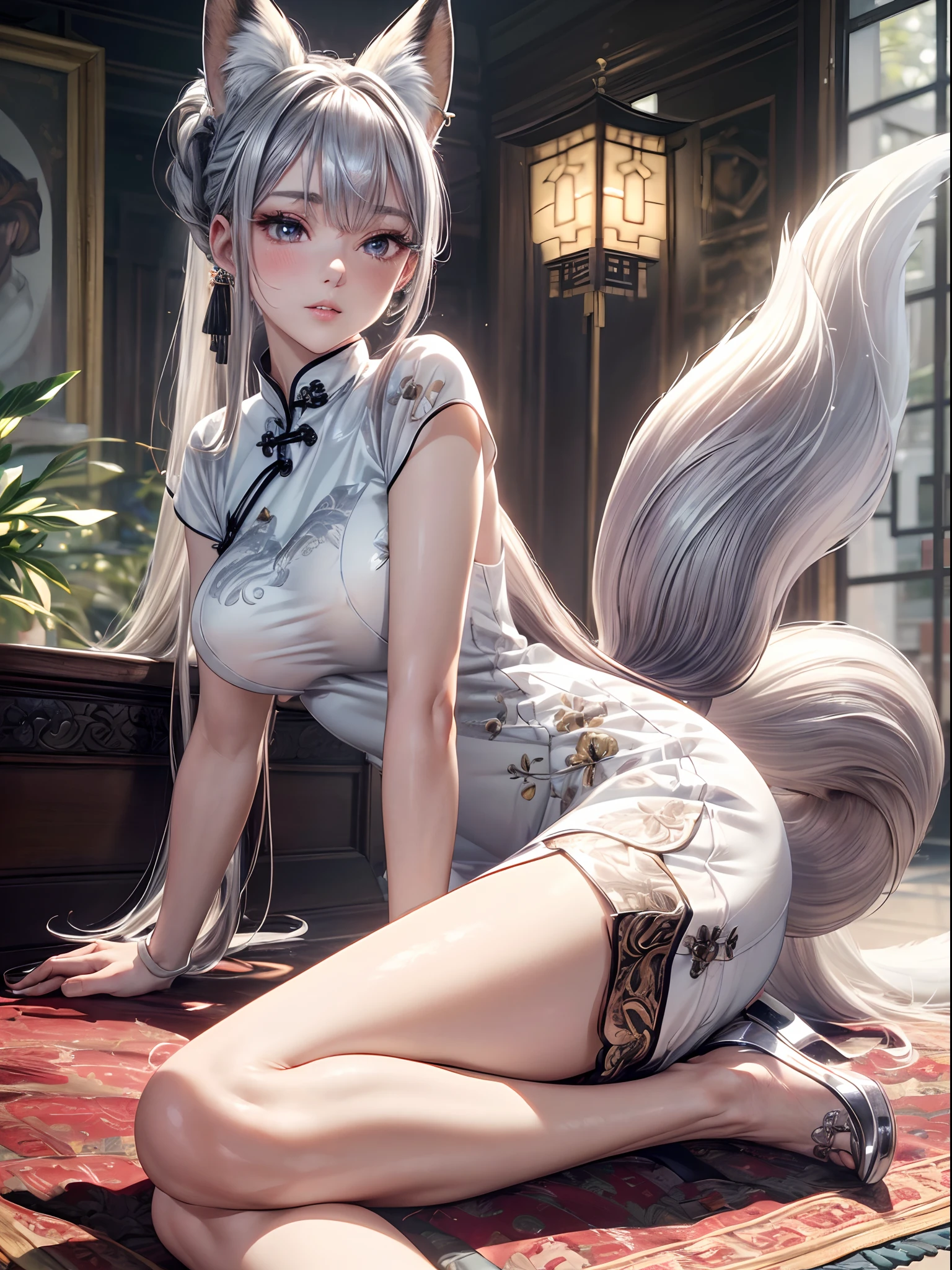 absurderes,(​masterpiece、top-quality、8K ),intricate detailes,ultra-detailliert、1 beautiful pale woman,(silber hair:1.2),((fox ear:1.3)),Long ponytail,Mega Ponytail,(qipao dress:1.3),thighs thighs thighs thighs、long eyelashes,(Beautiful and detailed eyes),Glossy lips,Sunlight,(sexy  pose:1.2),Hyper realistic,Perfect Anatomy