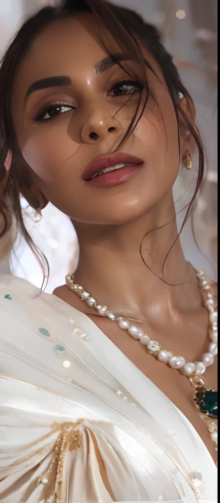 a woman in a white dress with a necklace and a necklace, diamonds around her neck, attractive neck, neck zoomed in from lips down, pearl necklace, wearing elegant jewellery, glossy surface, luxurious neckless, opulent pearl necklace, wearing choker, neck zoomed in, choker on neck, pearl choker, gold and pearl necklaces, with shiny skin