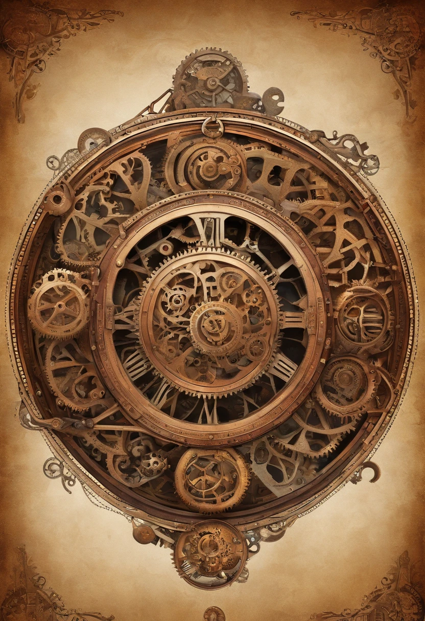 kosmos、steampunc、Brown, rusty, lonely floating mechanical planet、gear wheel