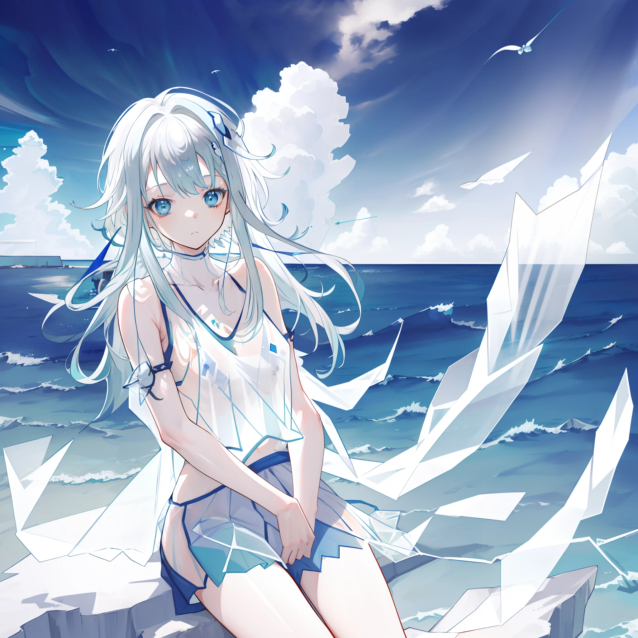 An anime girl, (((sitting in an endless view of an (ocean:1.4)))), cinematic light, slim body with curves, skin is perfectly white, soft, (medium breasts), smooth, ((no nsfw)), Extremely delicate and beautiful CG illustration, best quality, high resolution, dynamic angle, full-length lens, (1 girl), floating, soft light, high-key lighting), glowing light, blue energy, feathers fluttering background, blue crystal, ((((wearing nothing but a white (transparent) tank top))))
