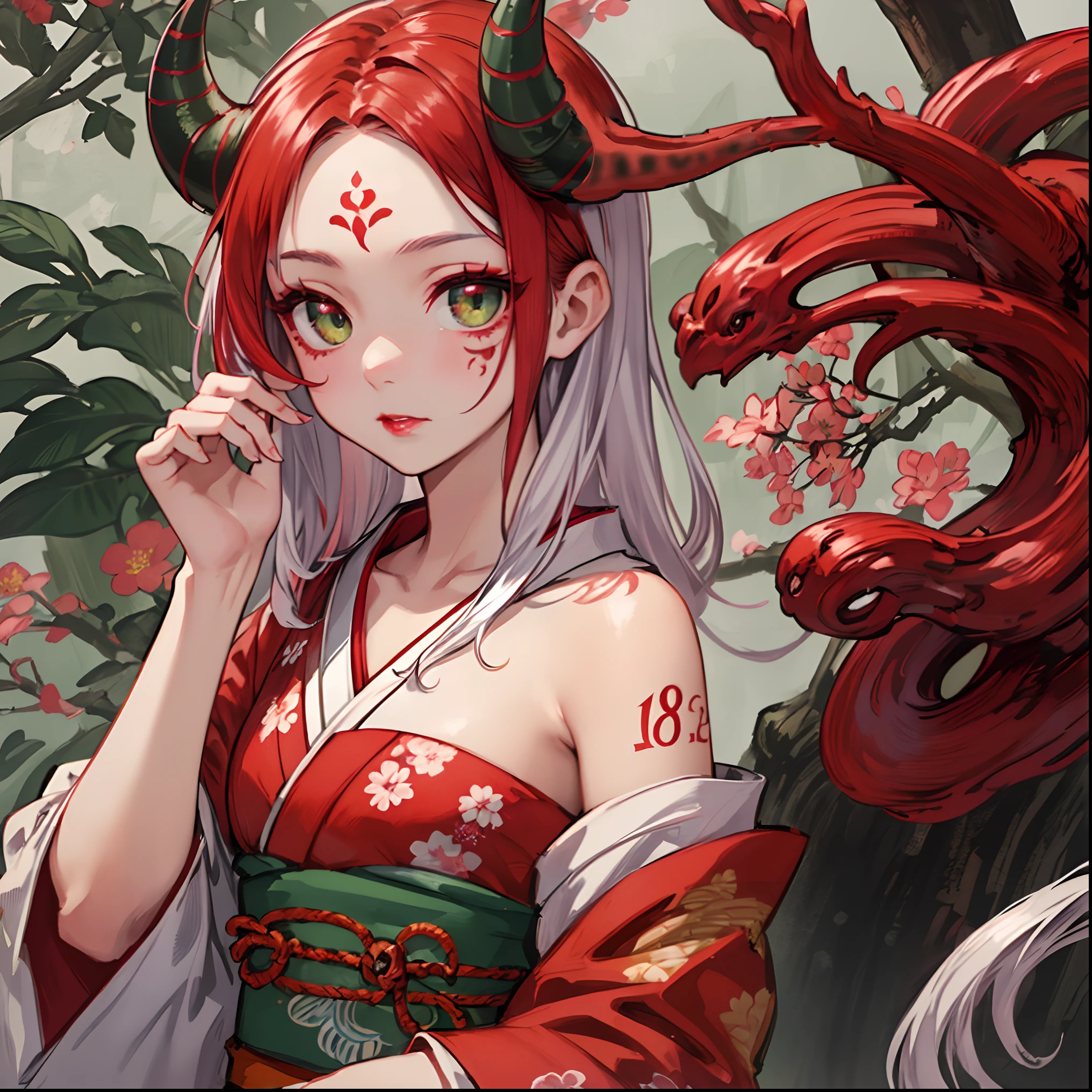 best quality, highly detailed beautiful face and eye, 1girl, (loli, 12years old), kimono, (multicolored hair, (silver hair, red hair)), demon horns, light green eye, red lip, floral tattoo on face, earnest expression, (face focus:1.5), forest background