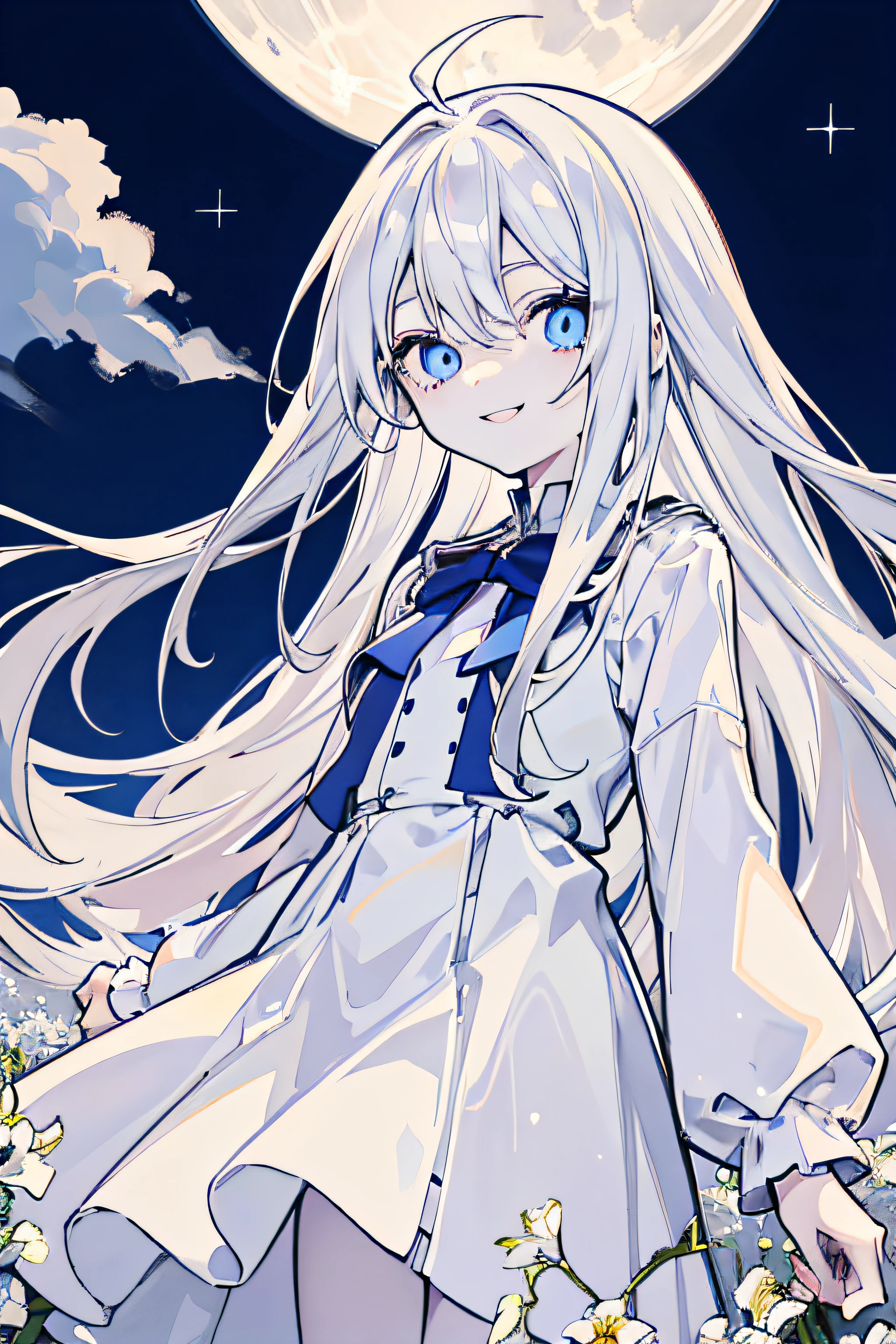 Anime  12-14 years old, platinum very long hair, blue empty eyes, vertical pupils, crazy smile, simple white dress, very pale skin, standing in the middle of a field of white flowers against the background of the night sky with a full moon.