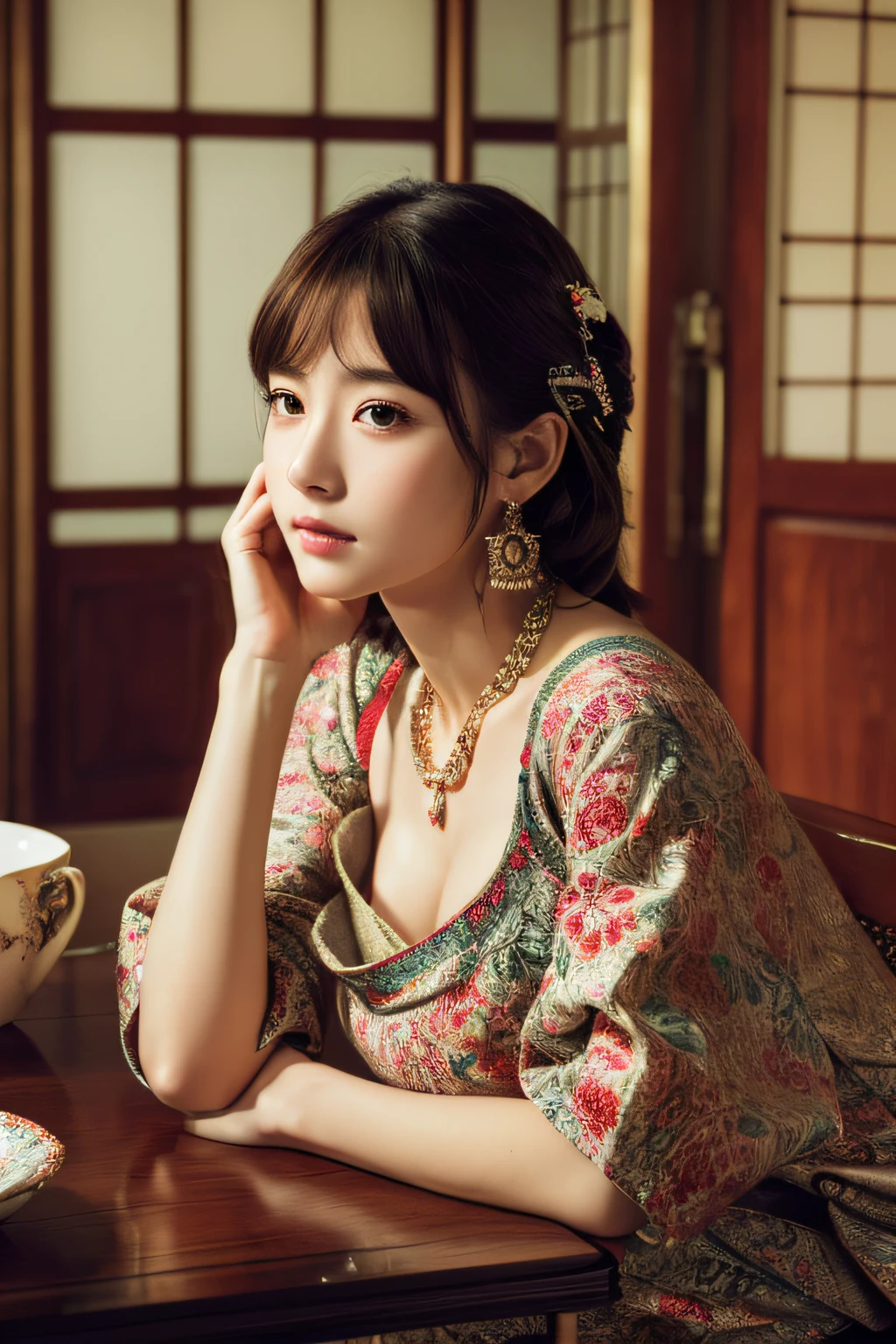 ((top-quality、8K、masterpiece:1.3))、Cinematic,1 Japan person model,Inviting,Colossal tits,Wistful expression、full body Esbian、Slim Faces、bvery pretty woman、Light makeup,(dark brown hair,so short hair)、very very gigantic boobs,Emphasis on the chest,cleavage of the breast,see through dress、hyperdetailed face、A detailed eye、Black eyes,Elaborate necklaces,Large and elaborate earrings,blured background,Bracelet、Sitting in a plush chair,traditional Japanese room,A Japanese style,