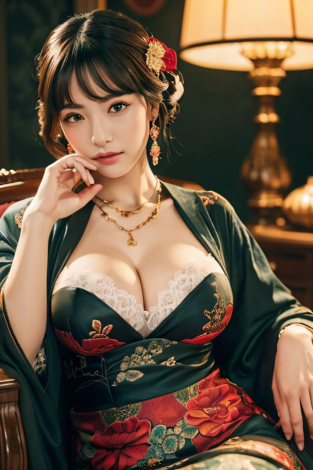 ((top-quality、8K、​masterpiece:1.3))、Cinematic,1 Japan person model,Inviting,Colossal tits,Wistful expression、full body Esbian、Slim Faces、bvery pretty woman、Light makeup,(dark brown  hair,so short hair)、very very gigantic boobs,Emphasis on the chest,cleavage of the breast,see through dress、hyperdetailed face、A detailed eye、Black eyes,Elaborate necklaces,Large and elaborate earrings,blured background,Bracelet、Sitting in a plush chair,traditional Japanese room,A Japanese style,