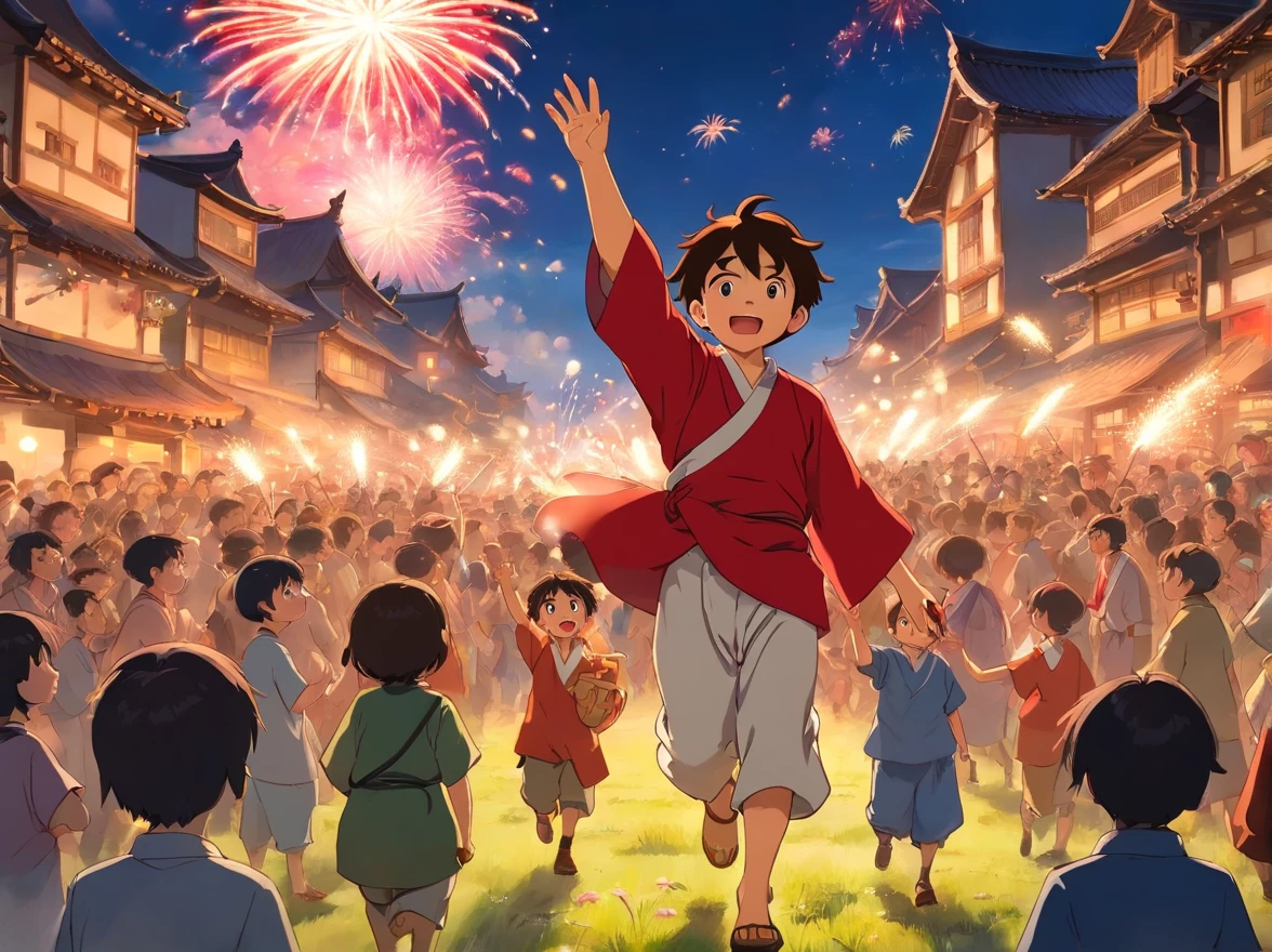 on a field,The crowd cheered for the boy,Clap your palms。They were impressed by the boy's courage and ingenuity,They came up to congratulate him on his success。The boy stands in the center,No longer a little boy,He became a hero to the entire village。(Young red Zhuang costume boy(Positive perspective,rejoice),Stand in the middle of the crowd,Grab the fireworks with your right hand held high。)