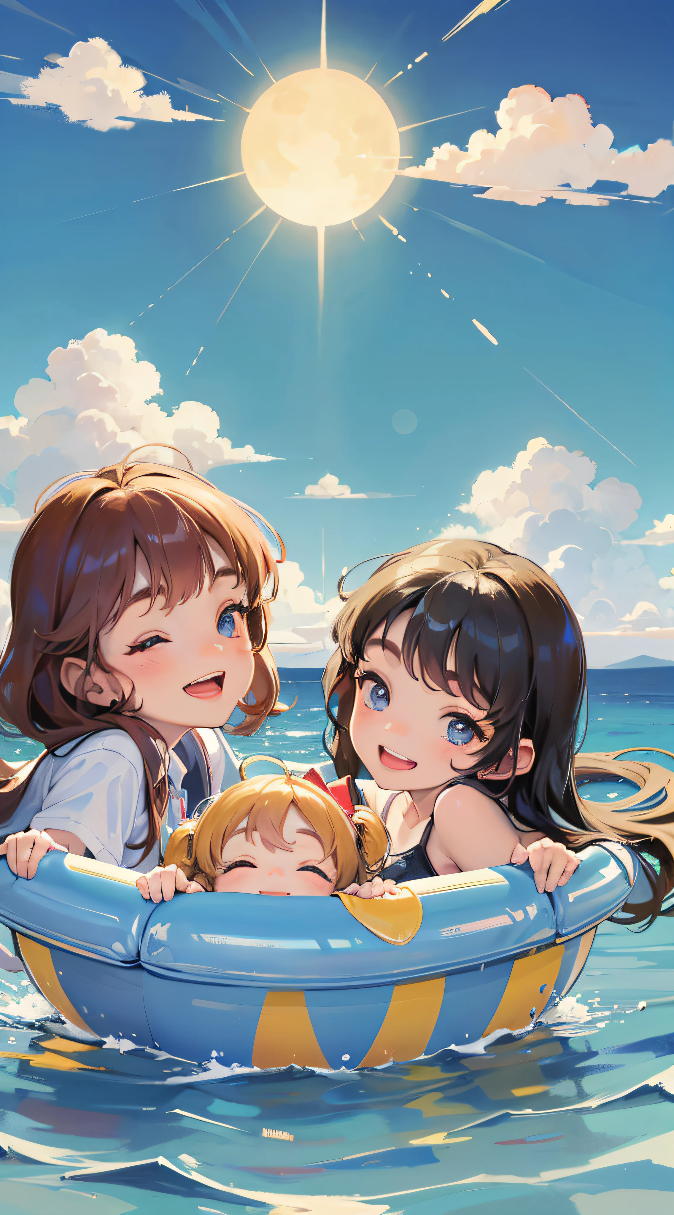 Masterpiece, best quality, 3 girls playing in the water, clouds, sun, clean sky, smiling, happy