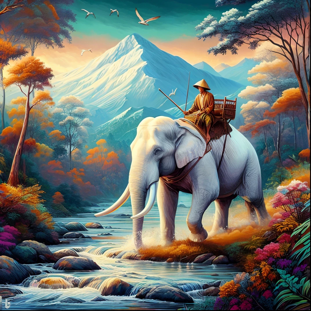 painting of a man riding an elephant in a river with a mountain in the background, epic surrealism 8k oil painting, fantasy artrealistic painting, beautiful fantasy painting, majestic painting, fantasy oil painting, greg hildebrandt highly detailed, inspired by Brothers Hildebrandt, highly detailed fantasy art, inspired by the Brothers Hildebrandt, intricate oil painting artwork