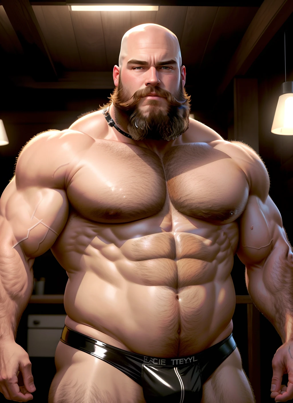 Big beefy white man with lots of pudge and an extremely hairy body standing naked looking at the camera in a very dominant and sexually aggressive pose. His head is freshly shaved smooth and it shines in the moody warm lighting of the scene. He has a long length full beard that is well kept with a mustache that is waxed into a handlebar. Pudgy and beefy, he has a bit of a belly. He is bald, no sideburns or hair on the top of his head. Bald, smooth head, shiny head