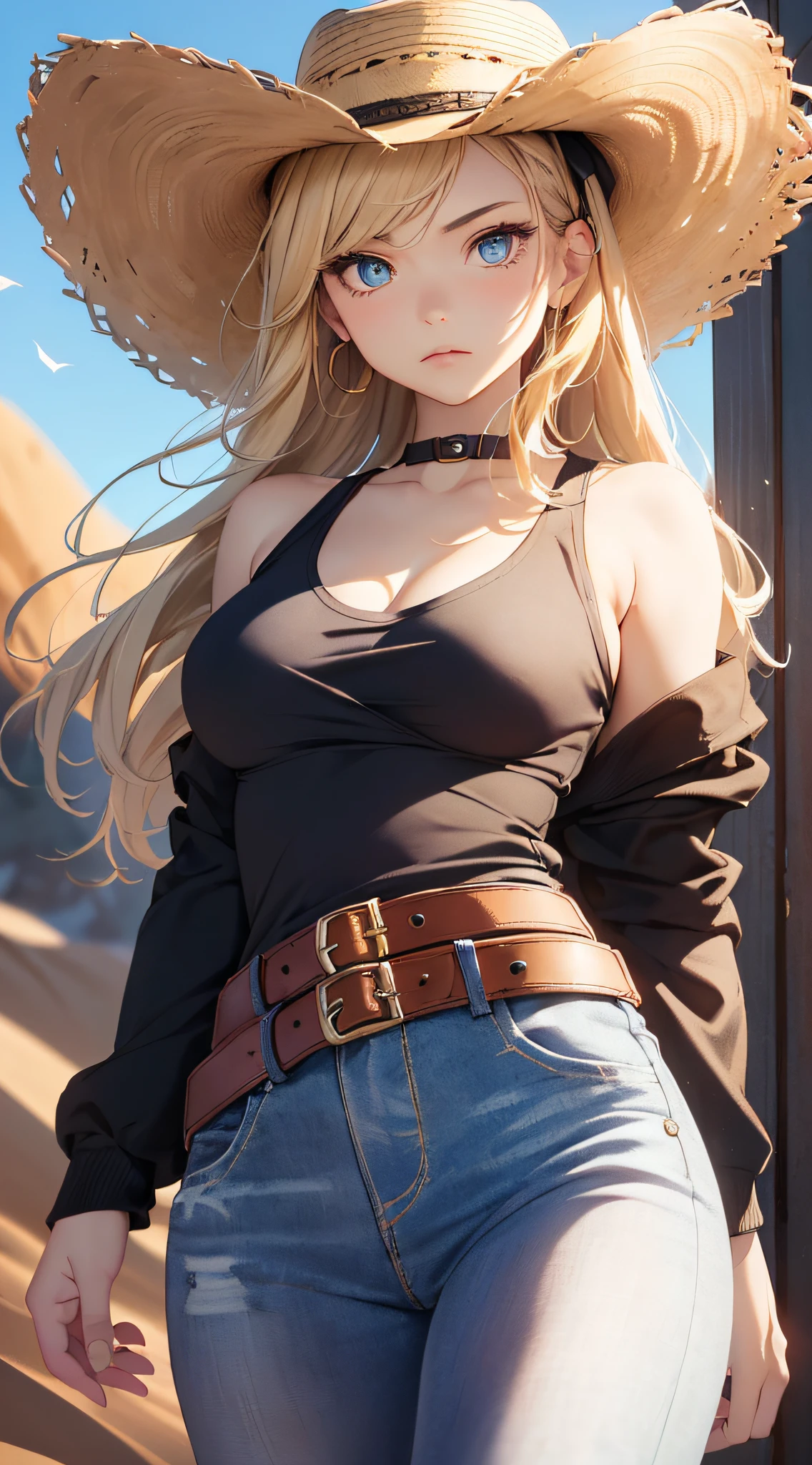 top-quality、Top image quality、​masterpiece、girl with((cute little、18year old、Best Bust、Medium bust、Bust 85,Beautiful blue eyes、Breasts wide open,Blonde long hair、A slender、Middle knot、Black tank top,Blue jeans、Wrap the belt、Serious face,Cowboy Hat、Cowboy West)）hiquality、Beautiful Art、Background with((Western World、Desert sands)),masutepiece、Elaborate design、visualart、depth of fields、The best lighting、highestdetailed、8ｋ,Super delicate、A little distance away