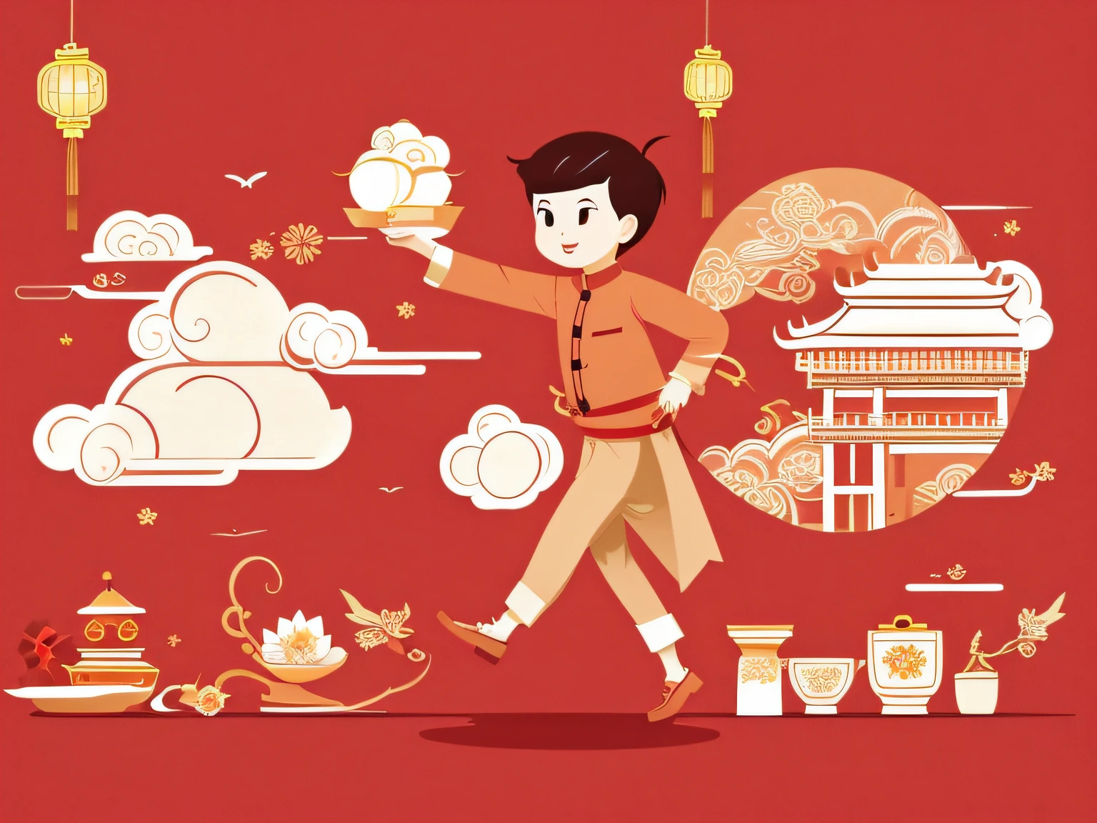 chinese new year wallpaper for instagram, in the style of charming character illustrations, light red and beige, lit kid, referential painting, cranberrycore, raw character, white background