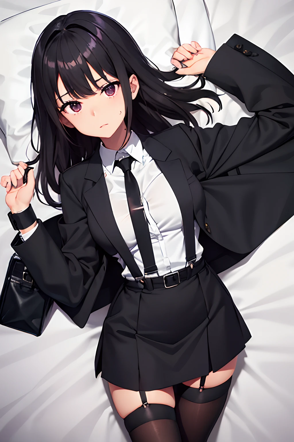 Suit,Collared shirt,Belt bag,Suspenders Black Miniskirt　garterbelts　knee high　Stockings　Black Niso　Colorcon armpit sweat　perspiring　Side of both hands,Black jacket,Gaze,ample bosom,Armpit sweat,Exposing the armpits"Tight clothes、Raise your hands、wristbands　Lying in bed　　　Behind the back