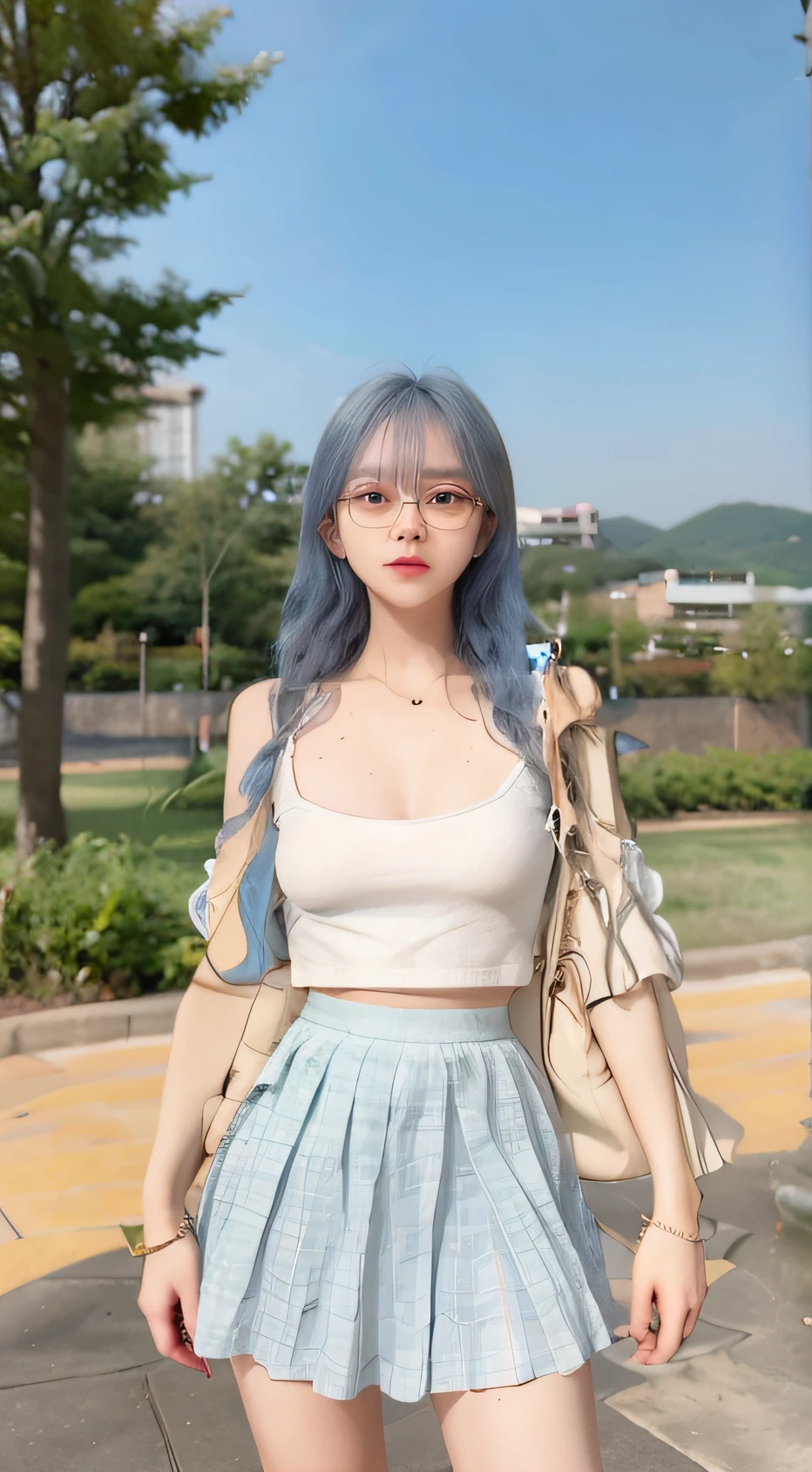 girl, blue hair, wearing glassses, white clothes, blue checkered skirt