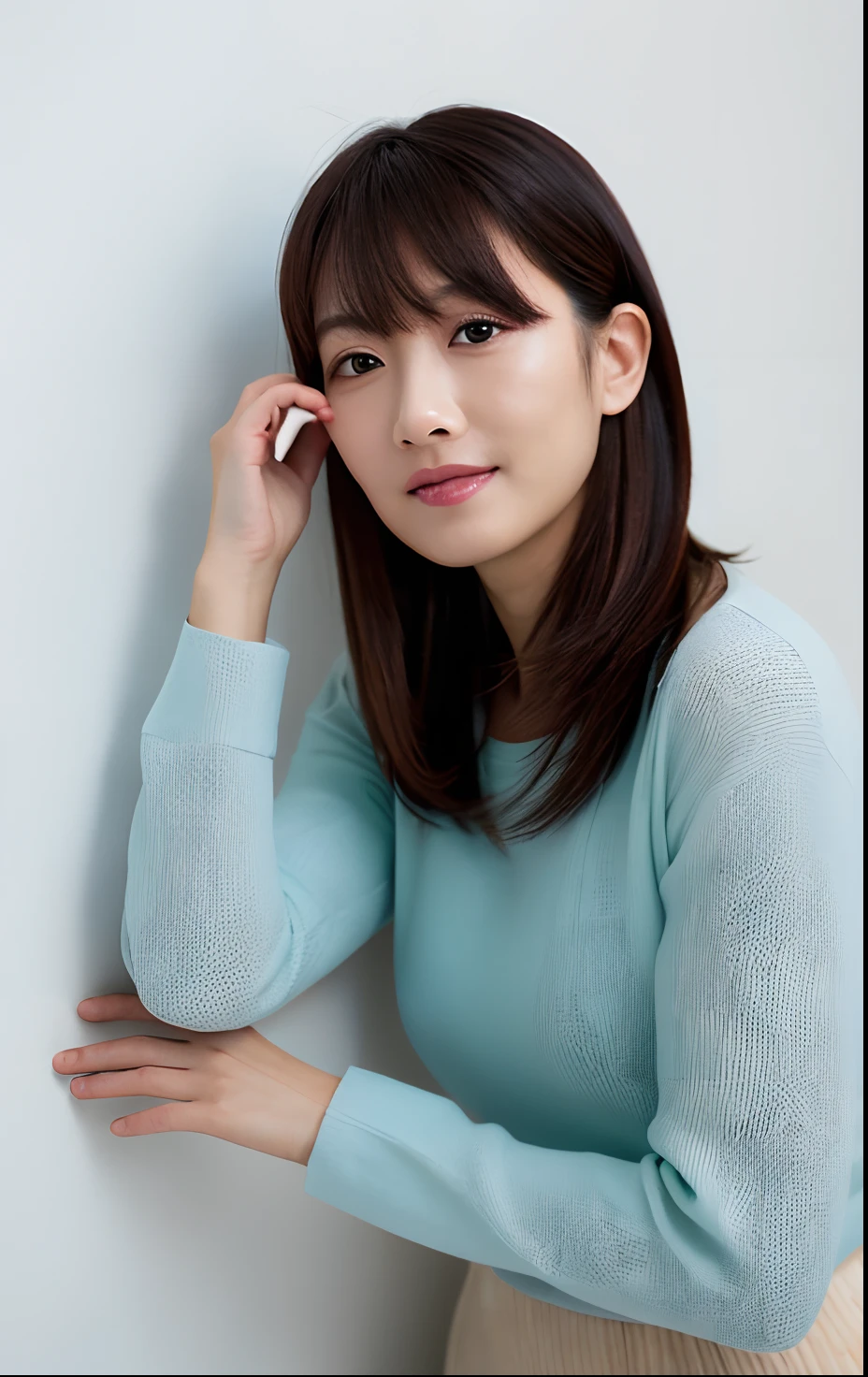 ((​masterpiece,top-quality)), (photographrealistic:1.4),hight resolution, Japanese, 1 beautiful woman, Medium Hair, Layered hairstyle, faint thin bangs, Looking at Viewer, Smaller eyes, Age 34 years old, Detailed skin, long-sleeve, T-shirt, wide-leg pants, Standing, White background, White Room,white walls, fully body photo, chuckle