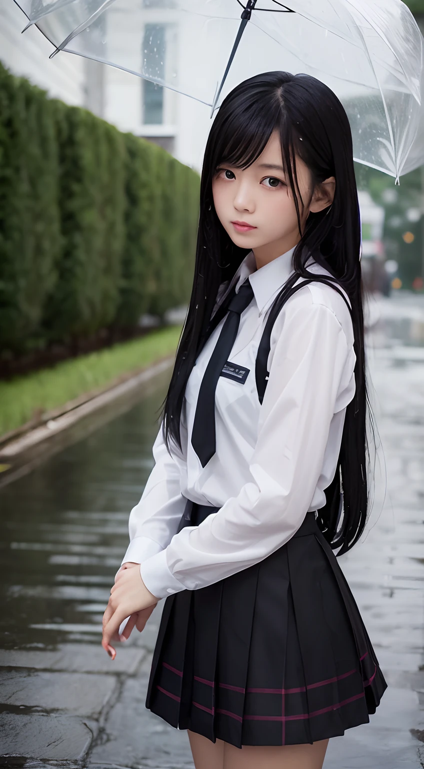1girl, long black hair, sexy schoolgirl uniform, shy, blush, wet, rain, transparent, (masterpiece, best quality), soft light, cinematic composition, cinematic light, big size beast, School-bag, eating lollipop.