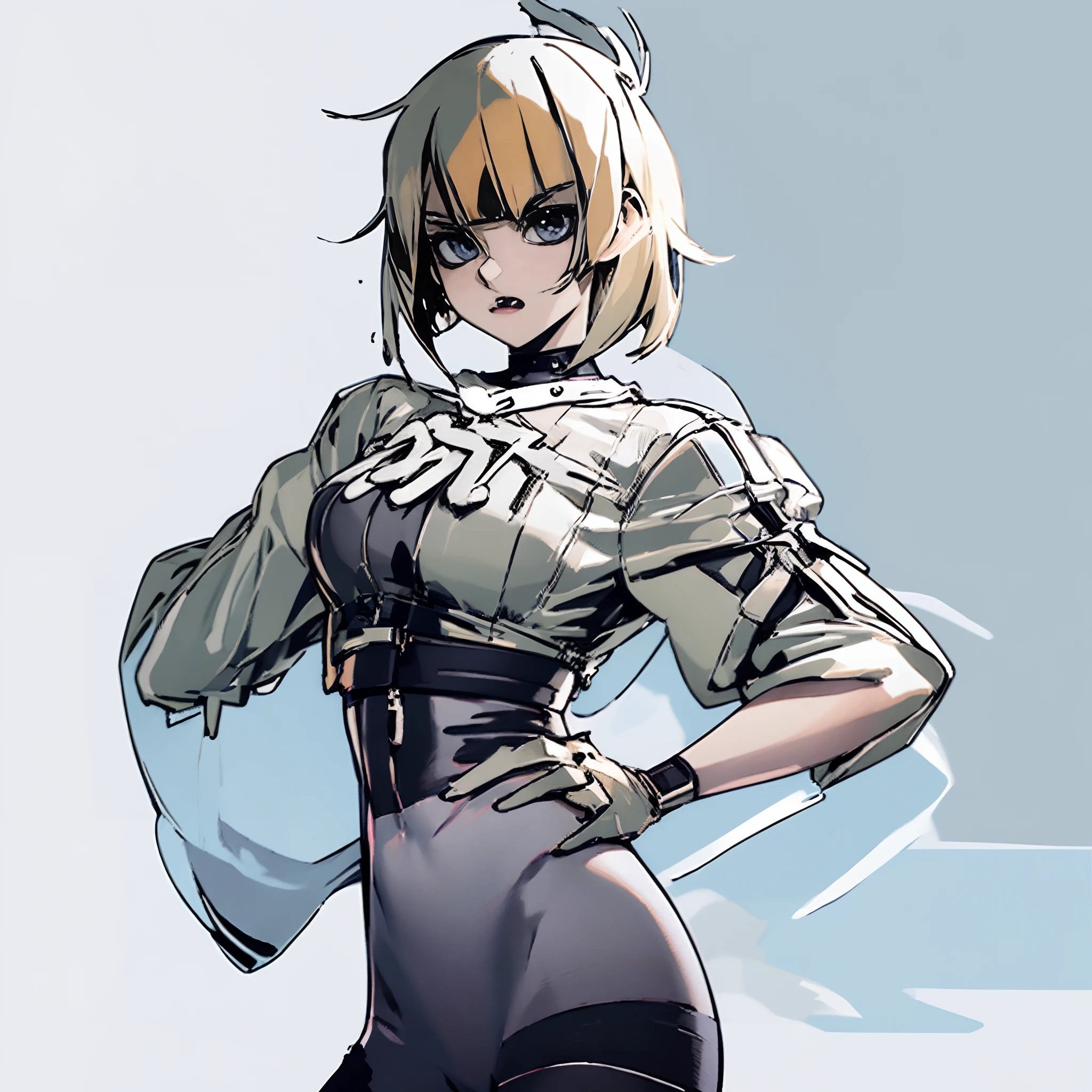Anime illustration of a young supermodel with a toned physique, Tomboyish，White color blouse，Black high-waisted pants，Undo button, high-waist pants, Messy short and medium hair,   key visual, vibration, , solid color backdrop，Clean colors，white backgrounid，No other color
