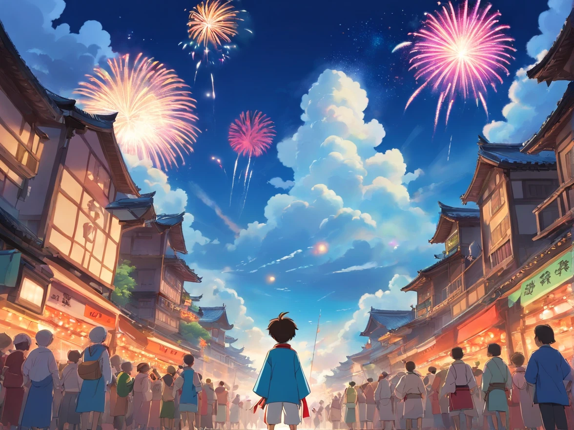 On the blue sky and white cloud fields,The crowd cheered around the boy,Clap your palms。They were impressed by the boy's courage and ingenuity,The boy stands in the center,No longer a little boy,He became a hero to the entire village。(Young red Zhuang costume boy(Positive perspective,rejoice),Stand in the middle of the crowd,Grab the fireworks with your right hand held high。)