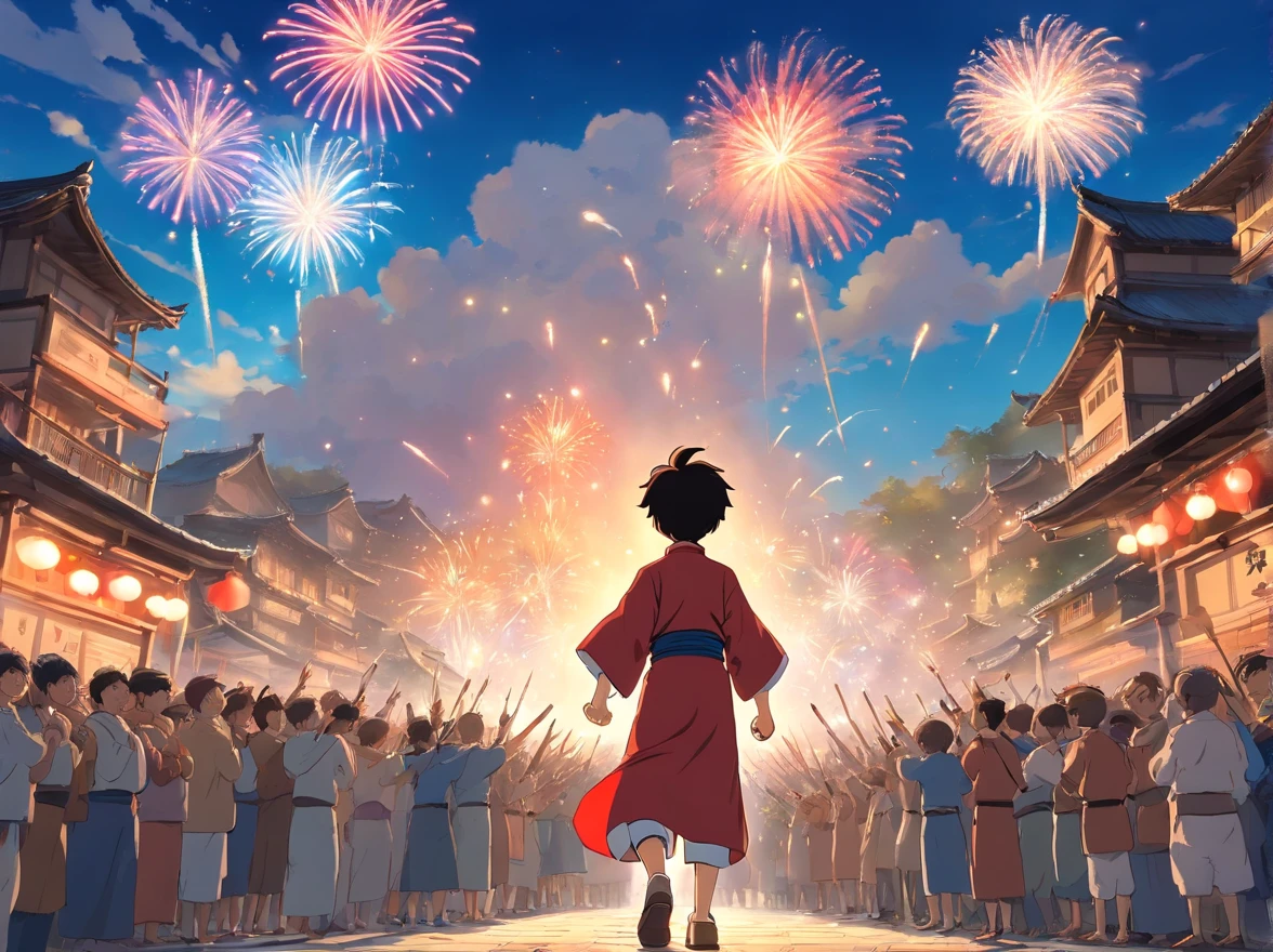 On the blue sky and white cloud fields,The crowd cheered around the boy,Clap your palms。They were impressed by the boy's courage and ingenuity,The boy stands in the center,No longer a ,He became a hero to the entire village。(Young red Zhuang costume boy(Positive perspective,rejoice),Stand in the middle of the crowd,Grab the fireworks with your right hand held high。)