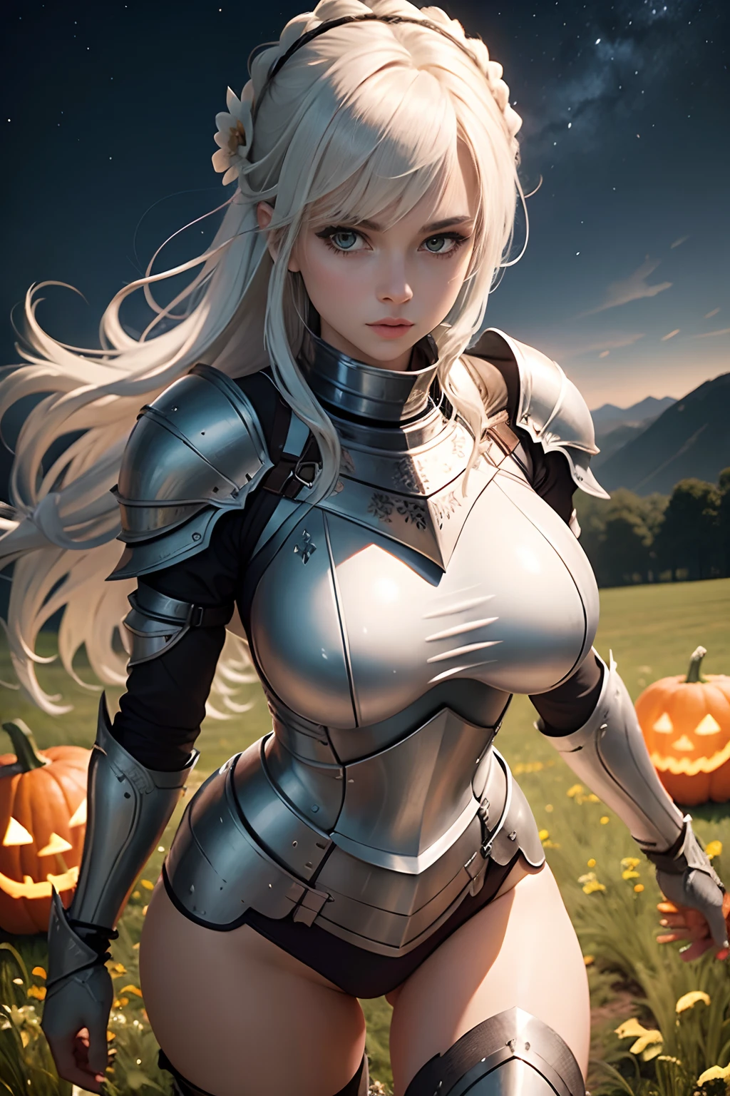 female knight wearing white full armor, Fighting Jack-o'-lantern, Field at night, fully clothed, giga_busty
